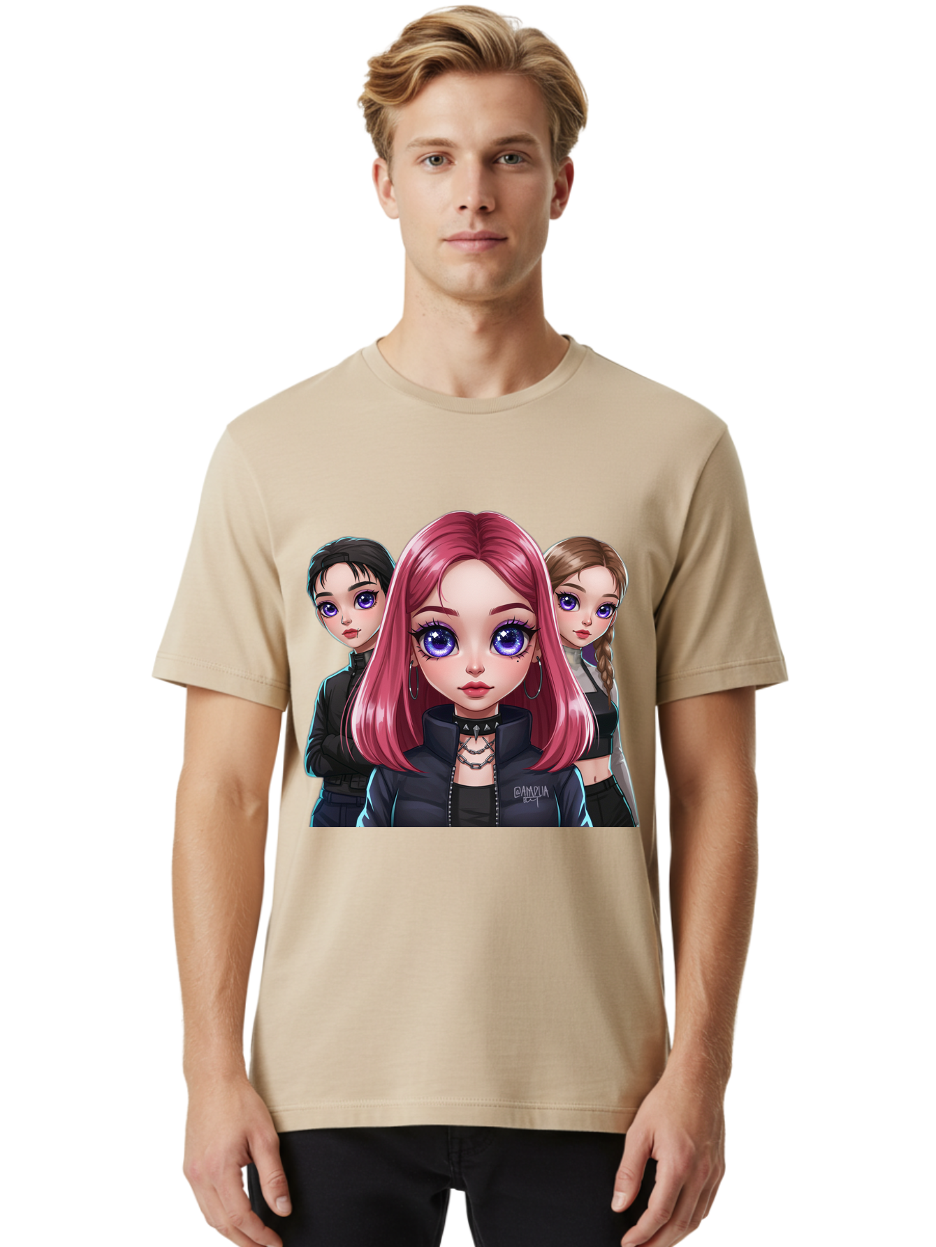 Gagwin Men'S Graphic Tee, 100% Cotton, Comfortable Casual Summer Wear, Machine Washable, Anime Style Illustration, Pink Haired Girl, Blue Eyes, Edgy Fashion, Bold Makeup, Gothic Style, Futuristic Clothing, Choker Necklace, Group Portrait, Bab936