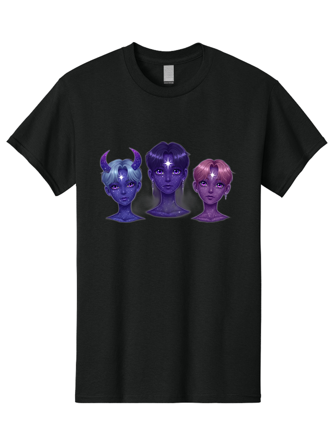 Galactic-K-Pop-Idols Men'S Graphic Tee, 100% Cotton, Comfortable Casual Summer Wear, Machine Washable, K-Pop Idols, Purple Skin Tone, Starry Faces, Horns On Head, Cartoon Style, Galaxy Inspired, Vibrant Hairstyles, Bold Earrings, Bab937