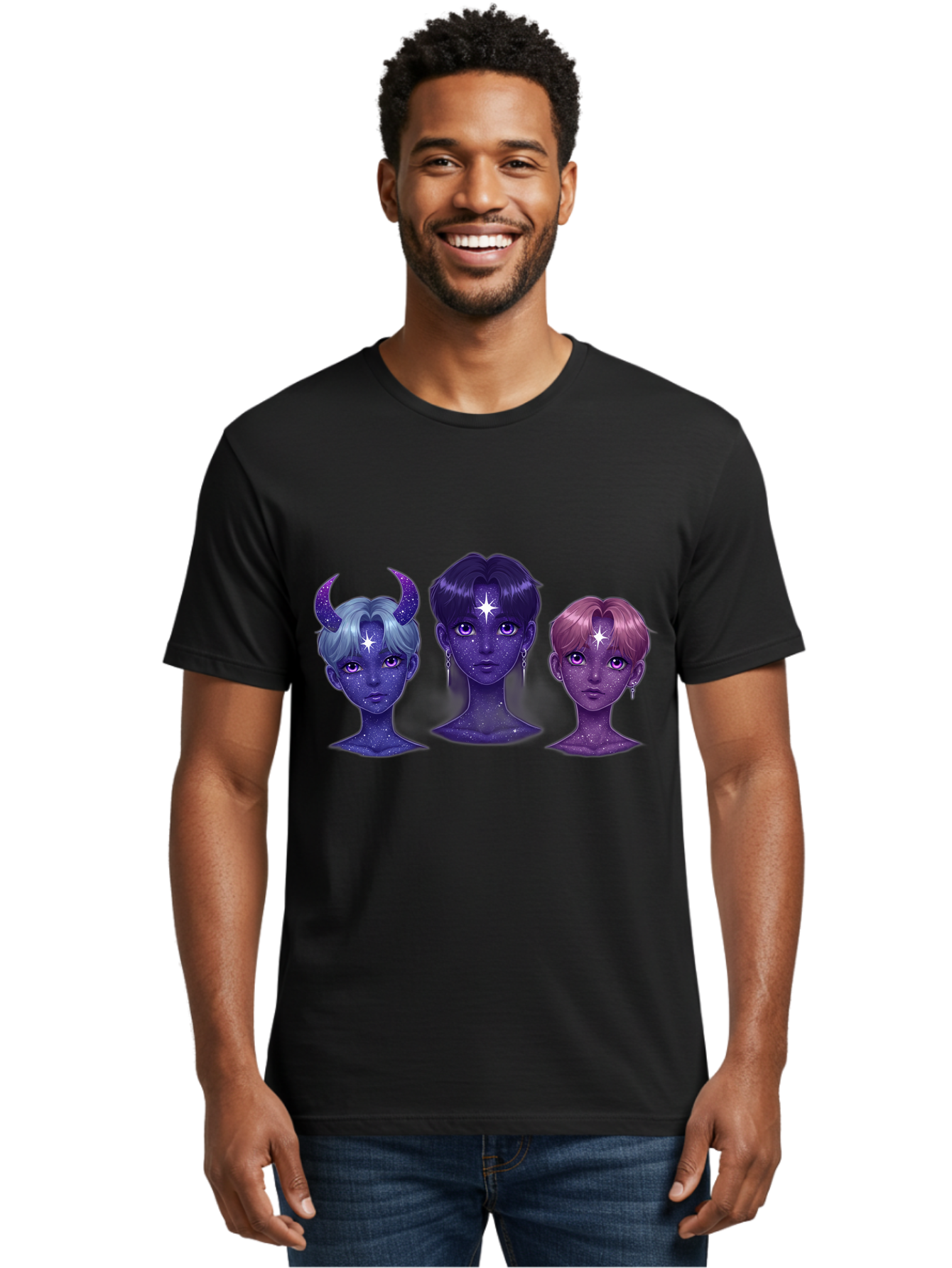 Galactic-K-Pop-Idols Men'S Graphic Tee, 100% Cotton, Comfortable Casual Summer Wear, Machine Washable, K-Pop Idols, Purple Skin Tone, Starry Faces, Horns On Head, Cartoon Style, Galaxy Inspired, Vibrant Hairstyles, Bold Earrings, Bab937