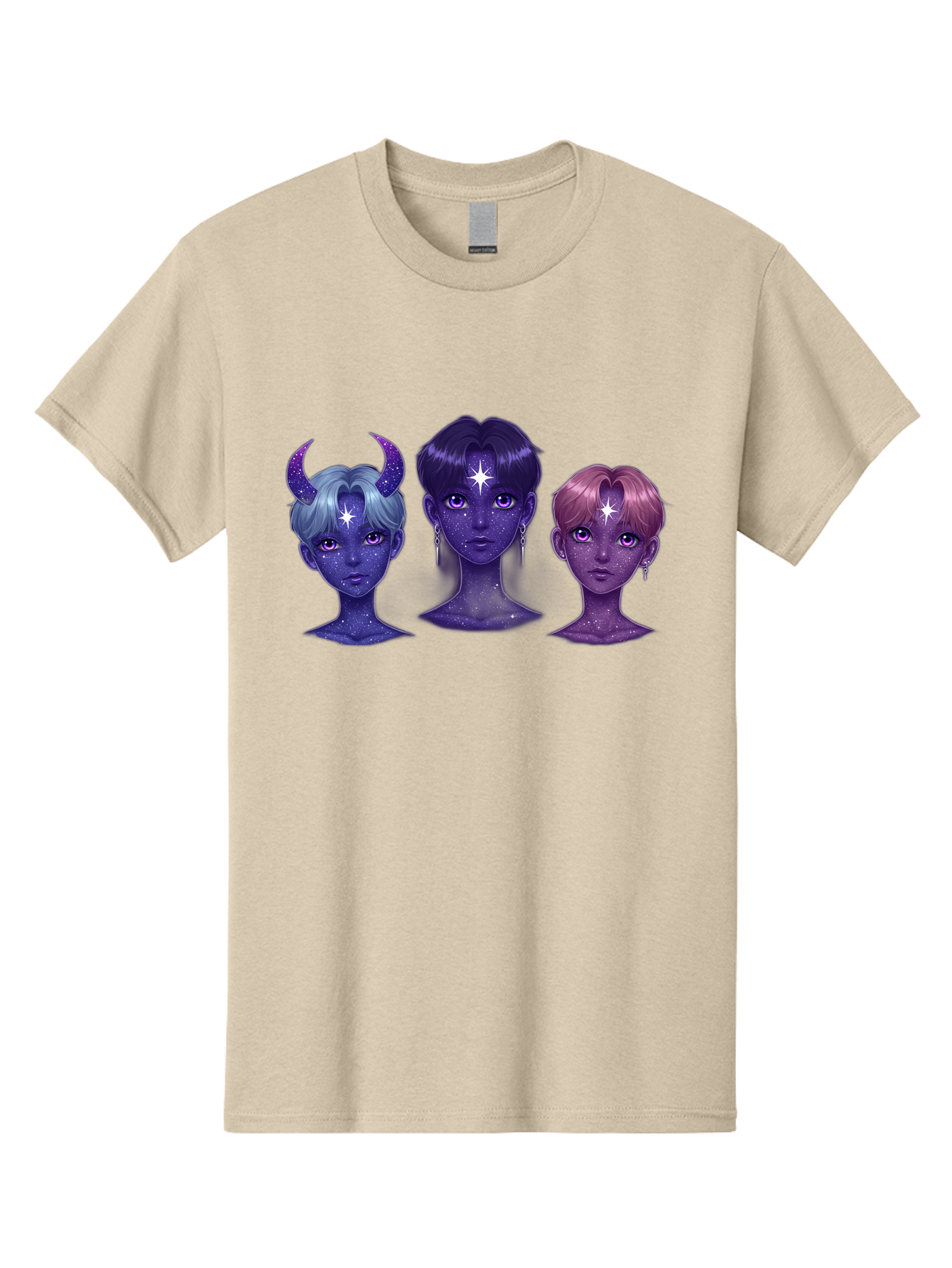 Galactic-K-Pop-Idols Men'S Graphic Tee, 100% Cotton, Comfortable Casual Summer Wear, Machine Washable, K-Pop Idols, Purple Skin Tone, Starry Faces, Horns On Head, Cartoon Style, Galaxy Inspired, Vibrant Hairstyles, Bold Earrings, Bab937