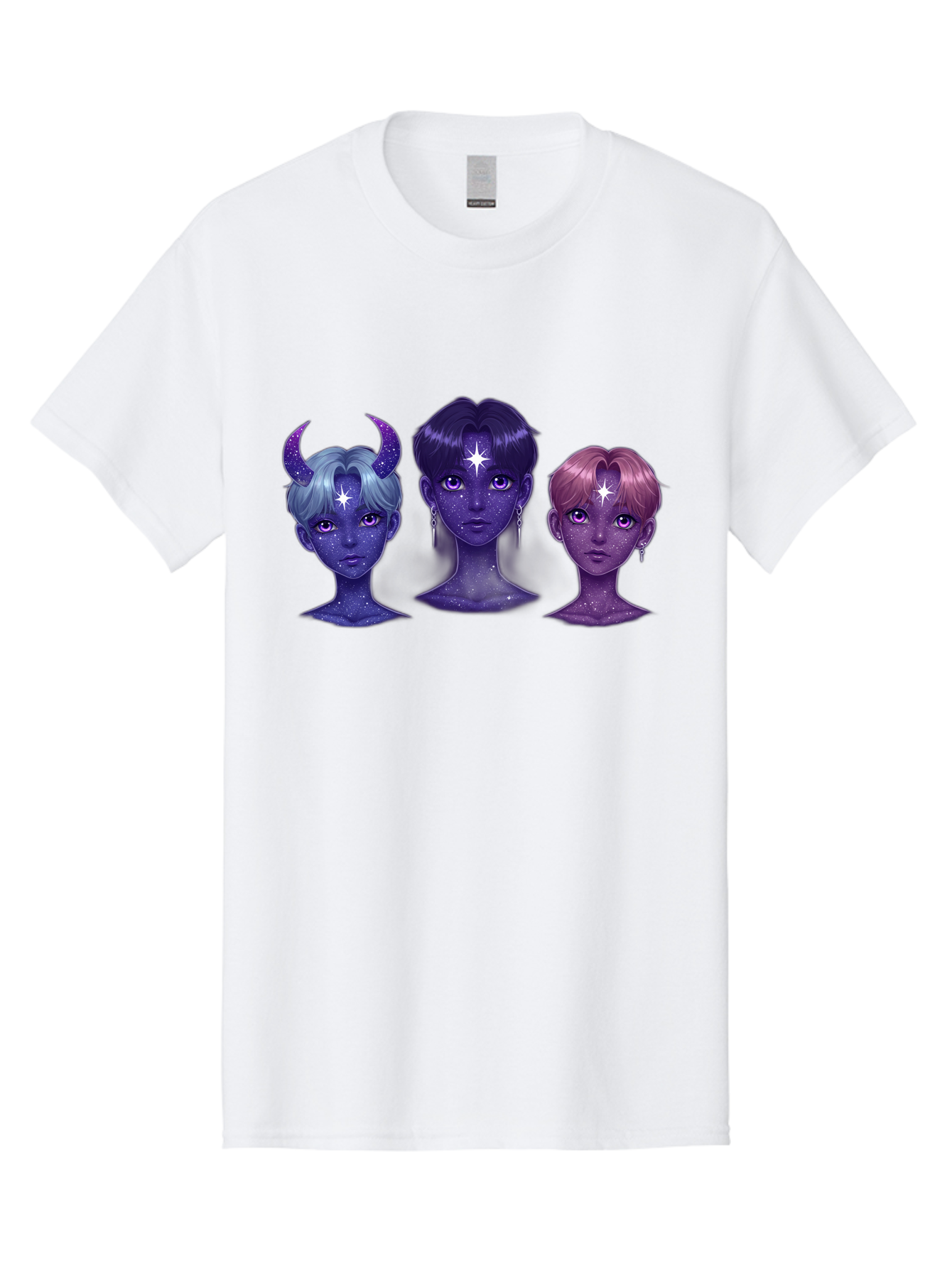 Galactic-K-Pop-Idols Men'S Graphic Tee, 100% Cotton, Comfortable Casual Summer Wear, Machine Washable, K-Pop Idols, Purple Skin Tone, Starry Faces, Horns On Head, Cartoon Style, Galaxy Inspired, Vibrant Hairstyles, Bold Earrings, Bab937