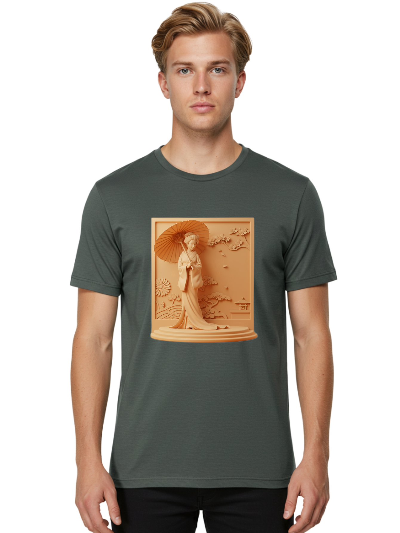Geisha Men'S Graphic Tee, 100% Cotton, Comfortable Casual Summer Wear, Machine Washable, Geisha, Traditional Japanese Woman, Parasol, Kimono, Serene Atmosphere, Cultural Heritage, Elegant, Figurine, Decorative Art, Intricate Design, Bab938