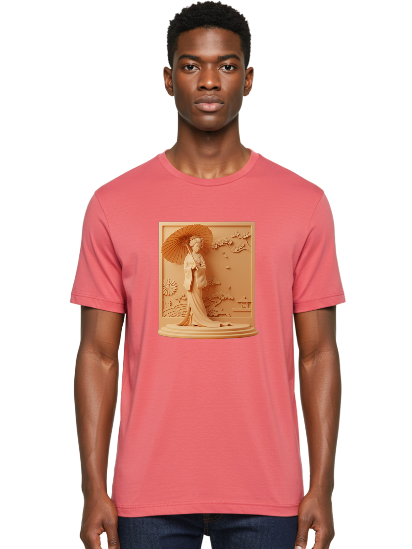 Geisha Men'S Graphic Tee, 100% Cotton, Comfortable Casual Summer Wear, Machine Washable, Geisha, Traditional Japanese Woman, Parasol, Kimono, Serene Atmosphere, Cultural Heritage, Elegant, Figurine, Decorative Art, Intricate Design, Bab938