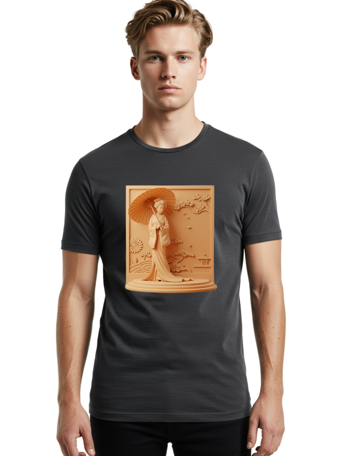 Geisha Men'S Graphic Tee, 100% Cotton, Comfortable Casual Summer Wear, Machine Washable, Geisha, Traditional Japanese Woman, Parasol, Kimono, Serene Atmosphere, Cultural Heritage, Elegant, Figurine, Decorative Art, Intricate Design, Bab938
