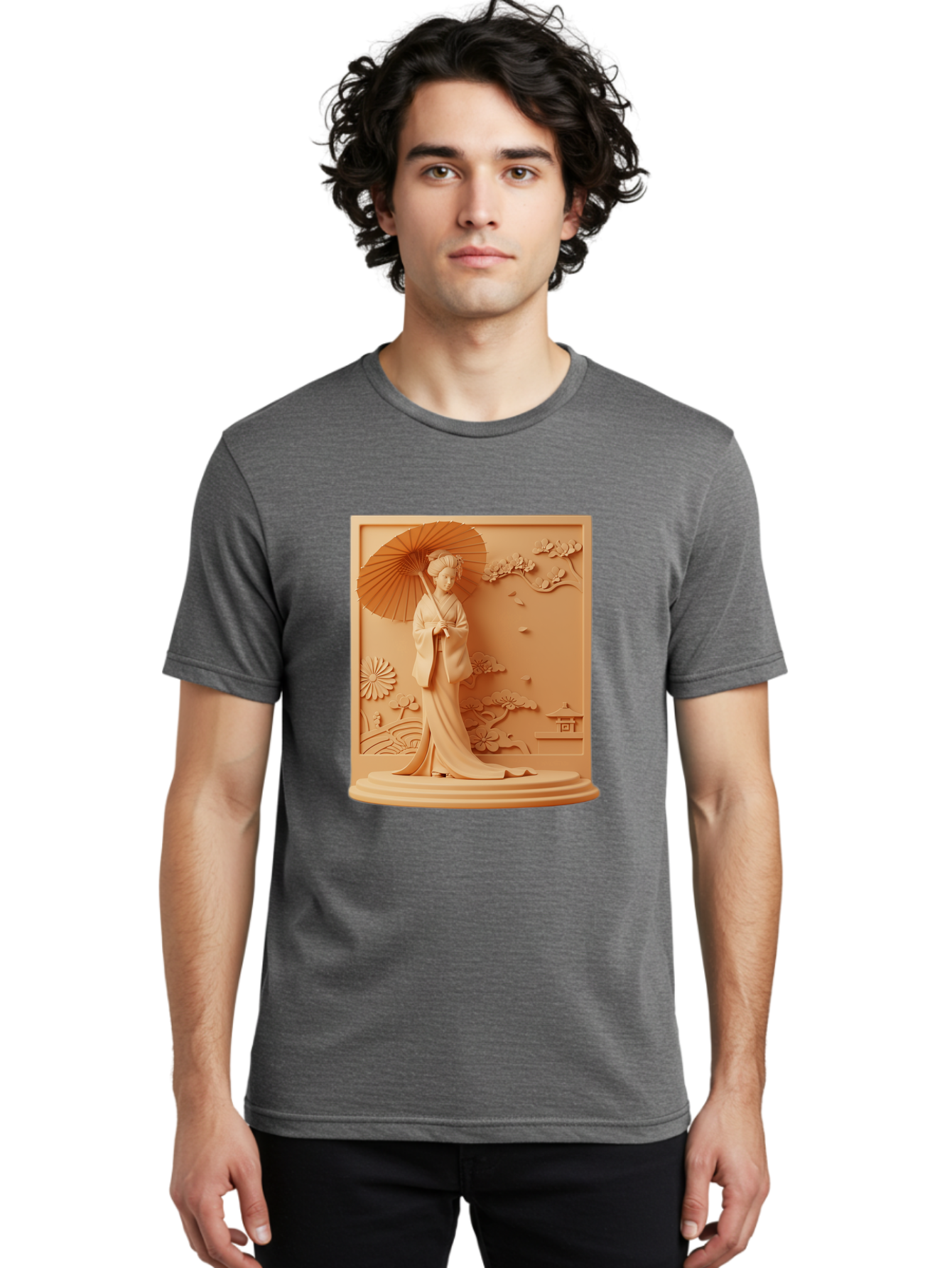 Geisha Men'S Graphic Tee, 100% Cotton, Comfortable Casual Summer Wear, Machine Washable, Geisha, Traditional Japanese Woman, Parasol, Kimono, Serene Atmosphere, Cultural Heritage, Elegant, Figurine, Decorative Art, Intricate Design, Bab938