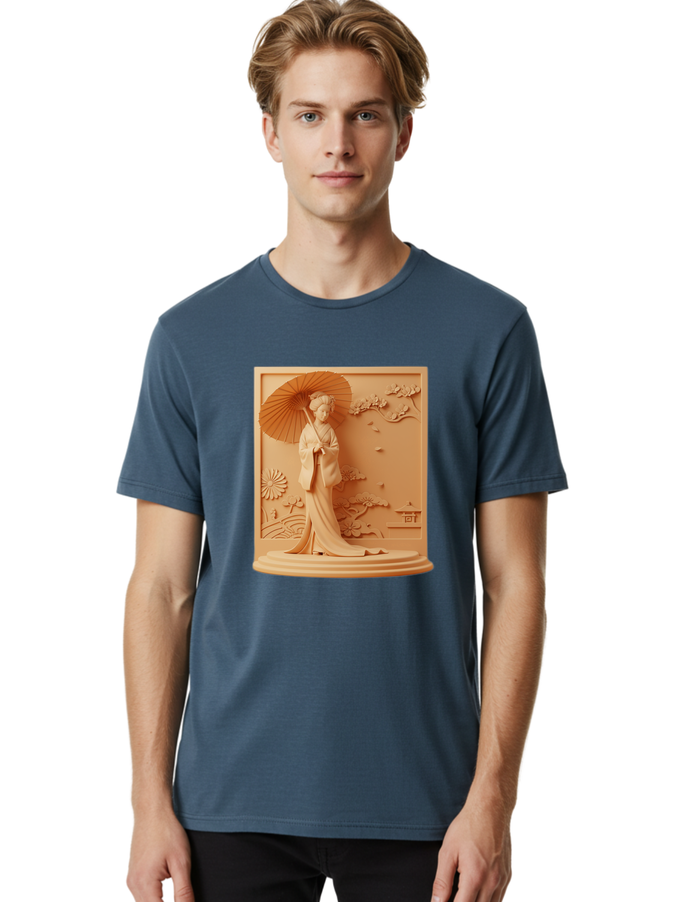 Geisha Men'S Graphic Tee, 100% Cotton, Comfortable Casual Summer Wear, Machine Washable, Geisha, Traditional Japanese Woman, Parasol, Kimono, Serene Atmosphere, Cultural Heritage, Elegant, Figurine, Decorative Art, Intricate Design, Bab938