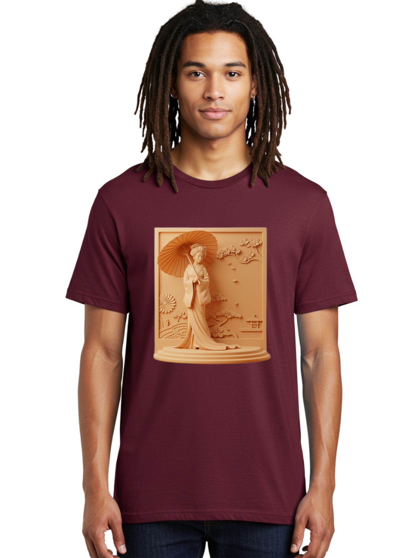 Geisha Men'S Graphic Tee, 100% Cotton, Comfortable Casual Summer Wear, Machine Washable, Geisha, Traditional Japanese Woman, Parasol, Kimono, Serene Atmosphere, Cultural Heritage, Elegant, Figurine, Decorative Art, Intricate Design, Bab938
