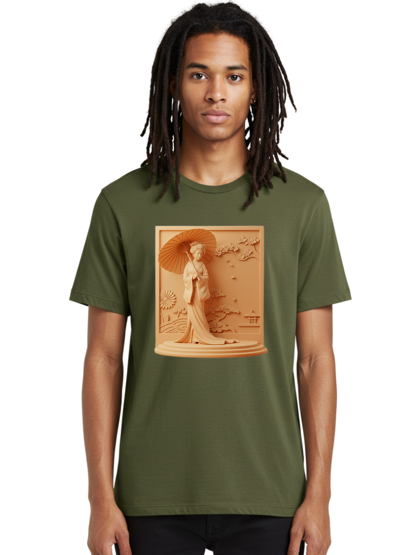 Geisha Men'S Graphic Tee, 100% Cotton, Comfortable Casual Summer Wear, Machine Washable, Geisha, Traditional Japanese Woman, Parasol, Kimono, Serene Atmosphere, Cultural Heritage, Elegant, Figurine, Decorative Art, Intricate Design, Bab938