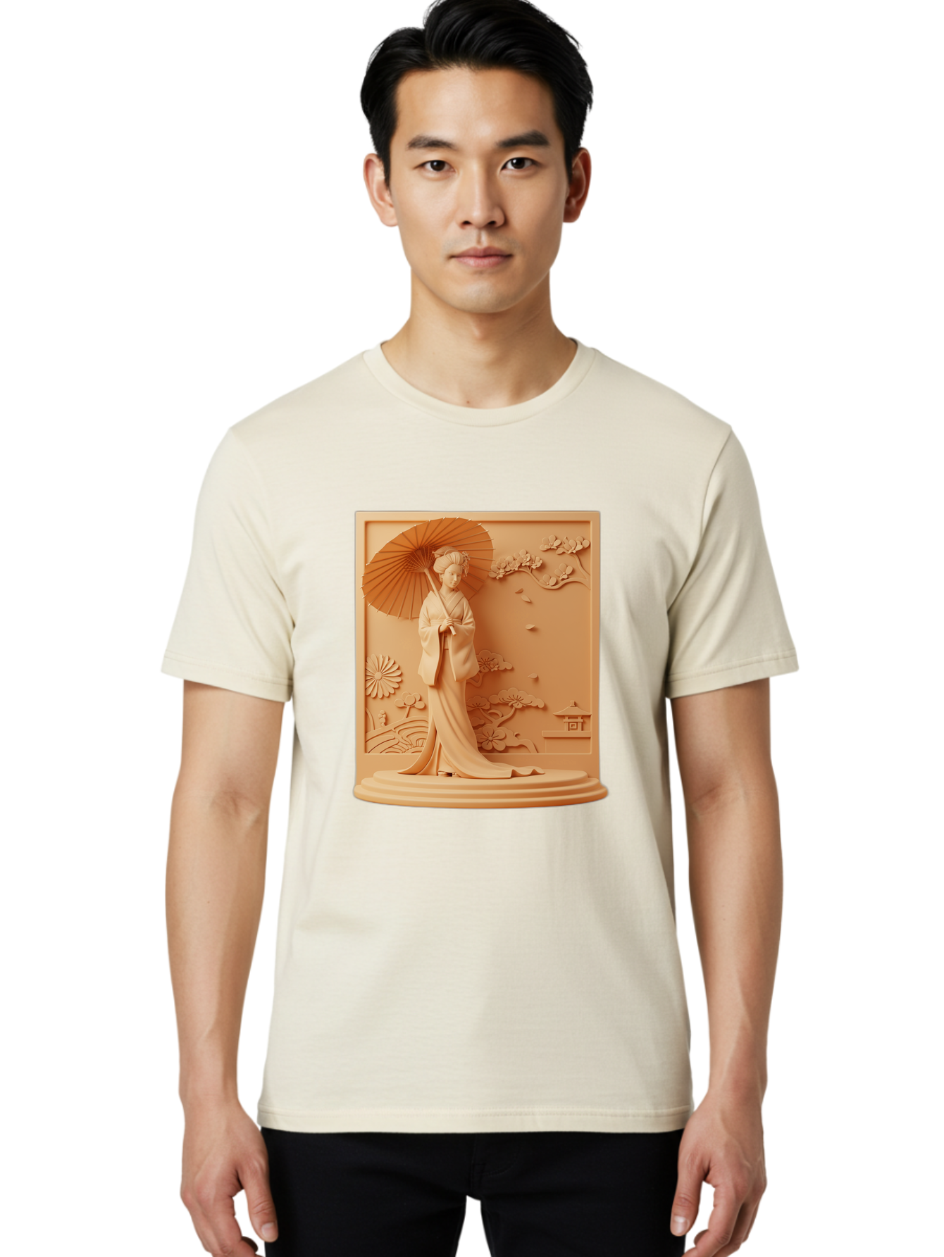 Geisha Men'S Graphic Tee, 100% Cotton, Comfortable Casual Summer Wear, Machine Washable, Geisha, Traditional Japanese Woman, Parasol, Kimono, Serene Atmosphere, Cultural Heritage, Elegant, Figurine, Decorative Art, Intricate Design, Bab938