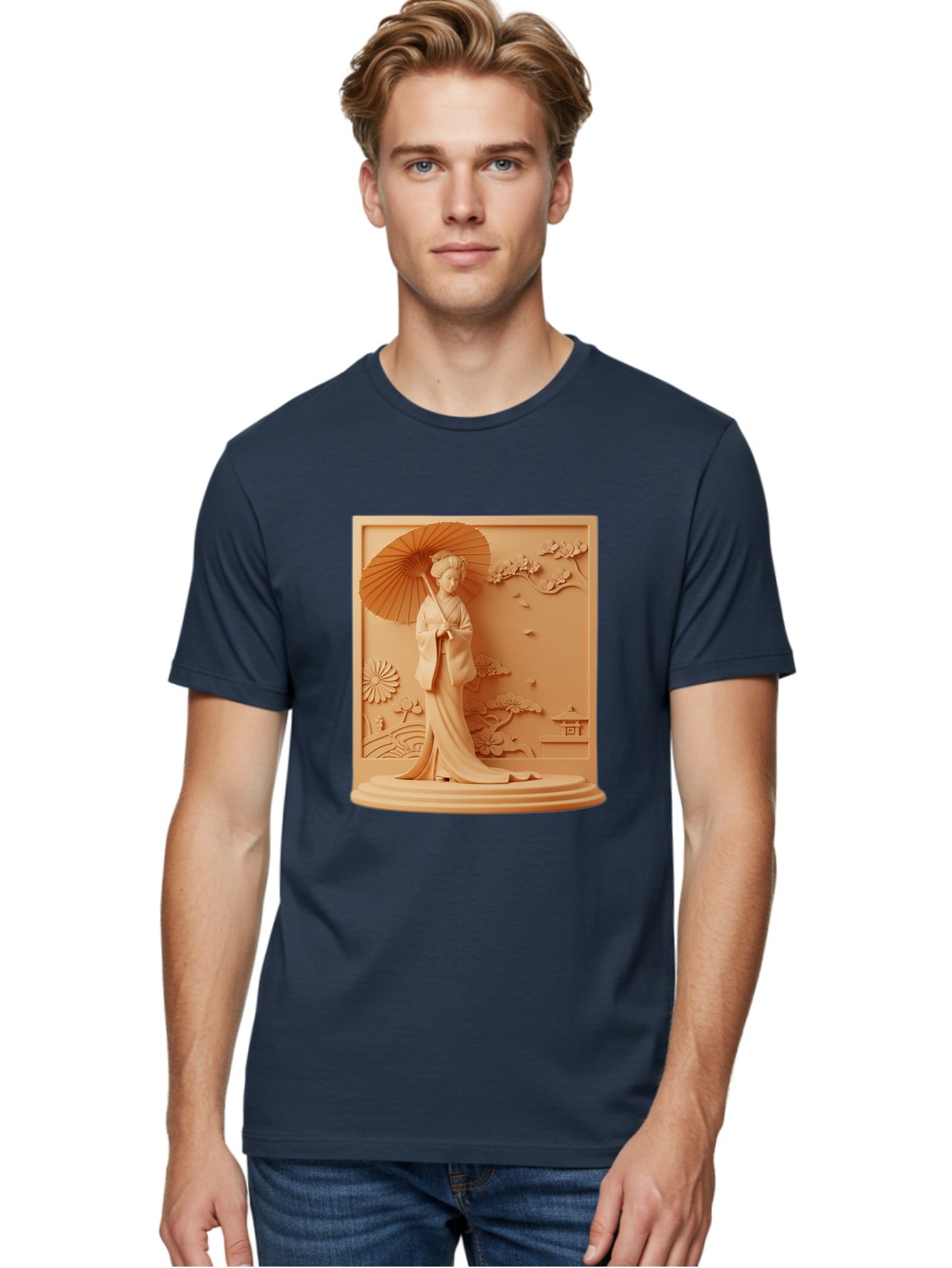 Geisha Men'S Graphic Tee, 100% Cotton, Comfortable Casual Summer Wear, Machine Washable, Geisha, Traditional Japanese Woman, Parasol, Kimono, Serene Atmosphere, Cultural Heritage, Elegant, Figurine, Decorative Art, Intricate Design, Bab938