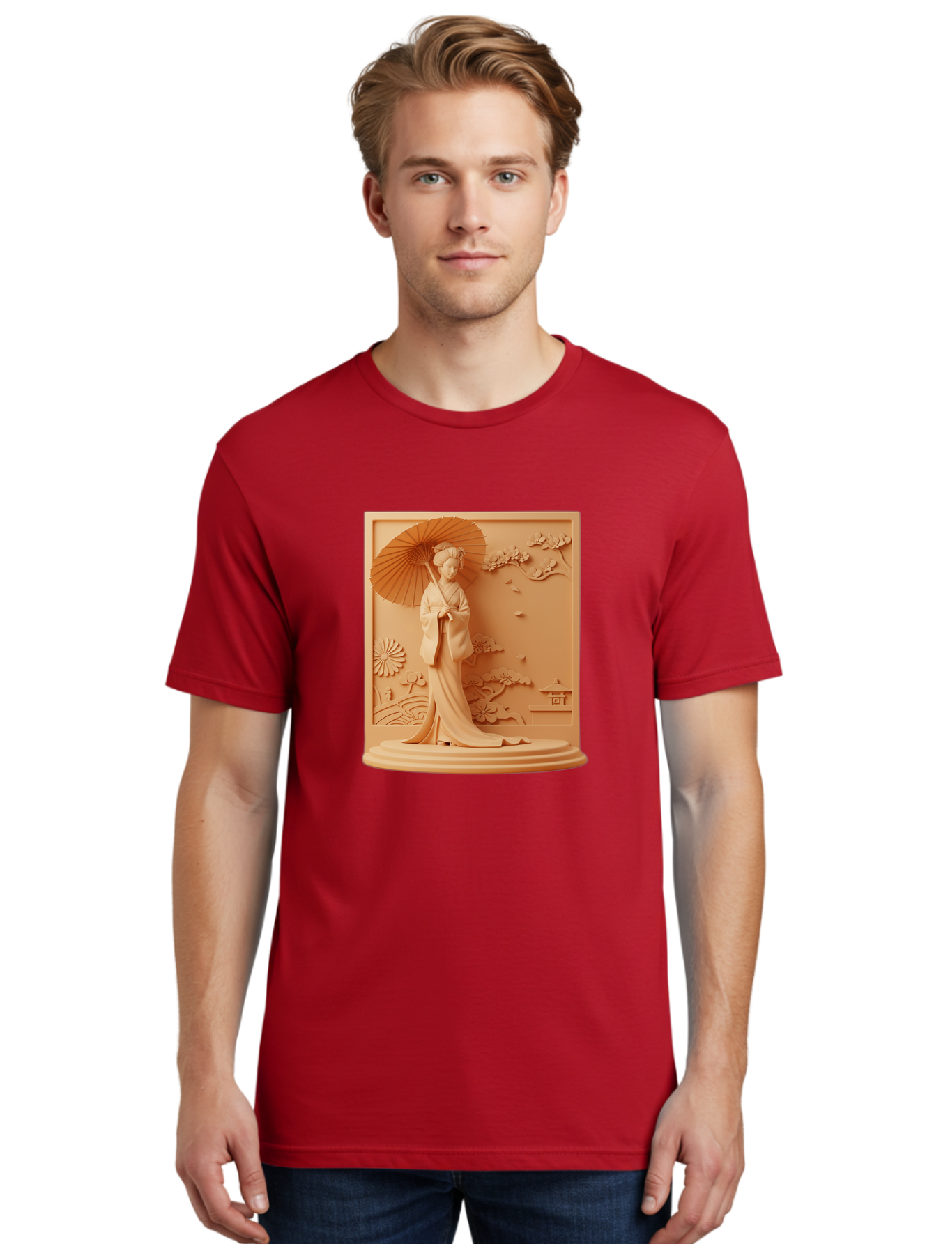 Geisha Men'S Graphic Tee, 100% Cotton, Comfortable Casual Summer Wear, Machine Washable, Geisha, Traditional Japanese Woman, Parasol, Kimono, Serene Atmosphere, Cultural Heritage, Elegant, Figurine, Decorative Art, Intricate Design, Bab938