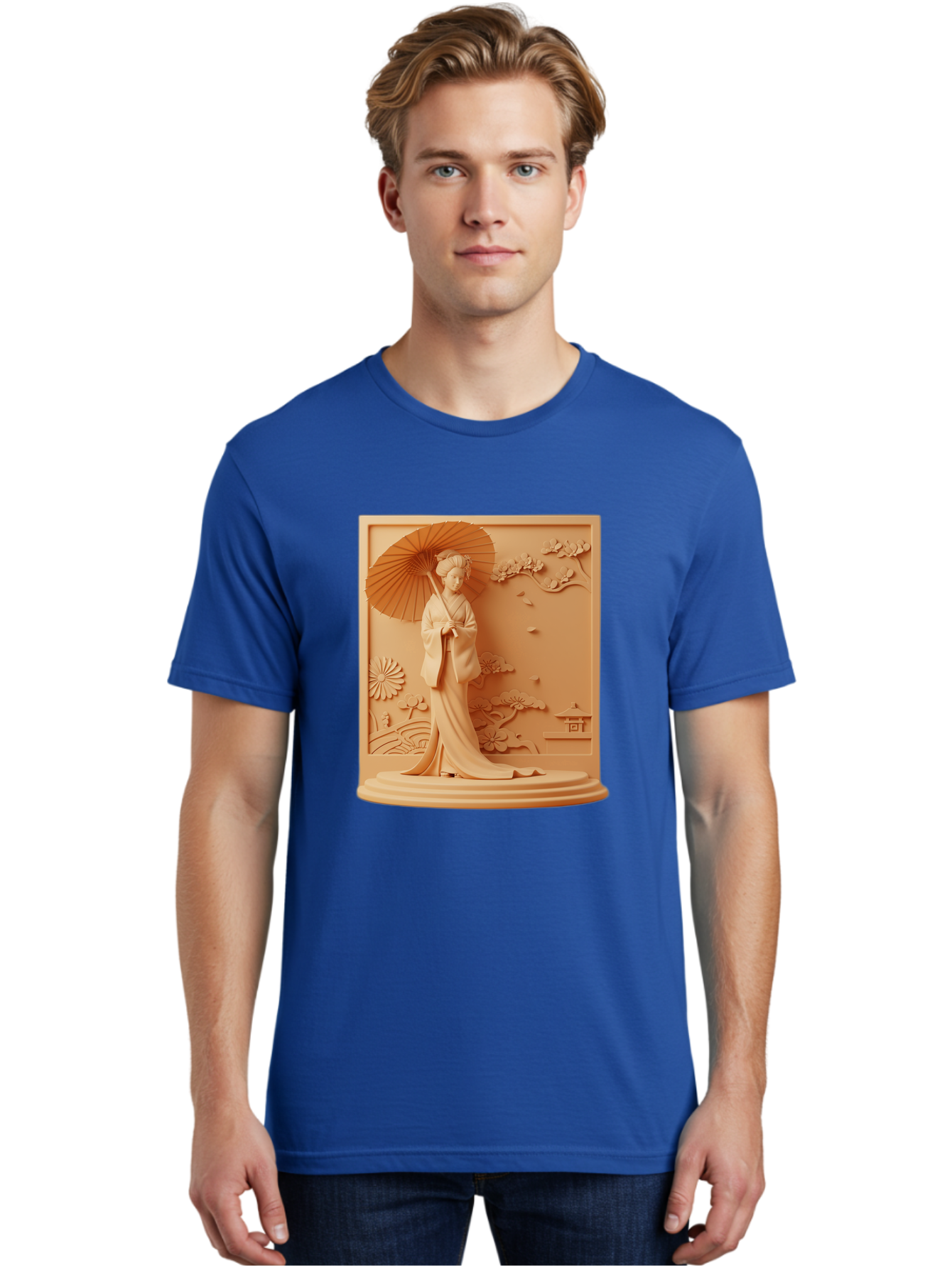 Geisha Men'S Graphic Tee, 100% Cotton, Comfortable Casual Summer Wear, Machine Washable, Geisha, Traditional Japanese Woman, Parasol, Kimono, Serene Atmosphere, Cultural Heritage, Elegant, Figurine, Decorative Art, Intricate Design, Bab938