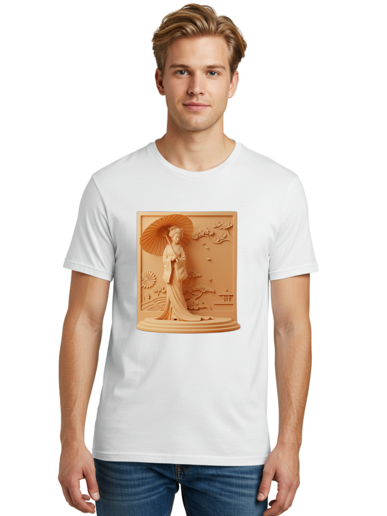 Geisha Men'S Graphic Tee, 100% Cotton, Comfortable Casual Summer Wear, Machine Washable, Geisha, Traditional Japanese Woman, Parasol, Kimono, Serene Atmosphere, Cultural Heritage, Elegant, Figurine, Decorative Art, Intricate Design, Bab938