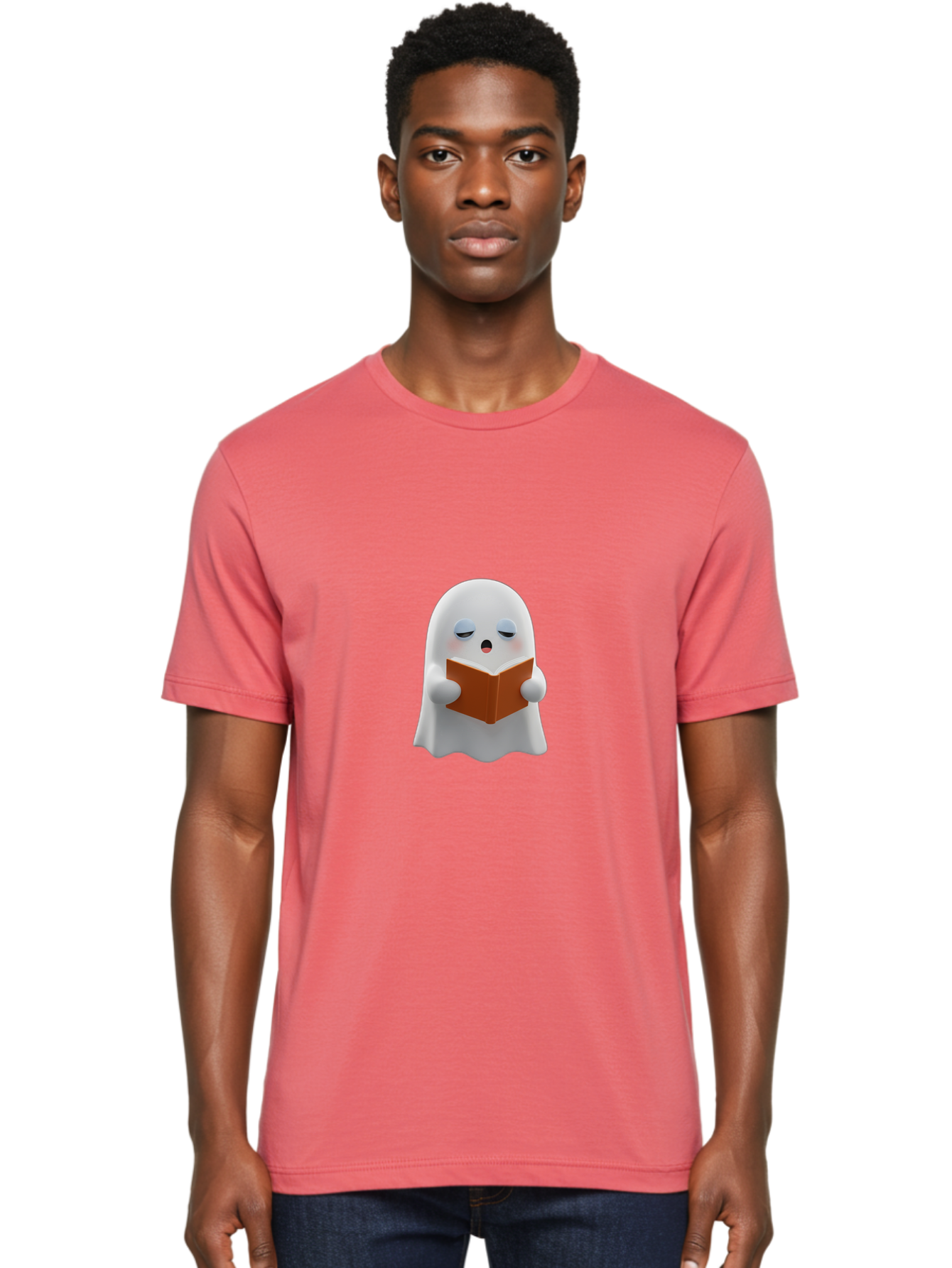 Ghost-Reading-Book Men'S Graphic Tee, 100% Cotton, Comfortable Casual Summer Wear, Machine Washable, White Ghost, Reading A Book, Cartoon Character, 3D Illustration, Cute Ghost, Ghostly Figure, Bookworm, Adorable, Funny, Spooky, Halloween, Bab939