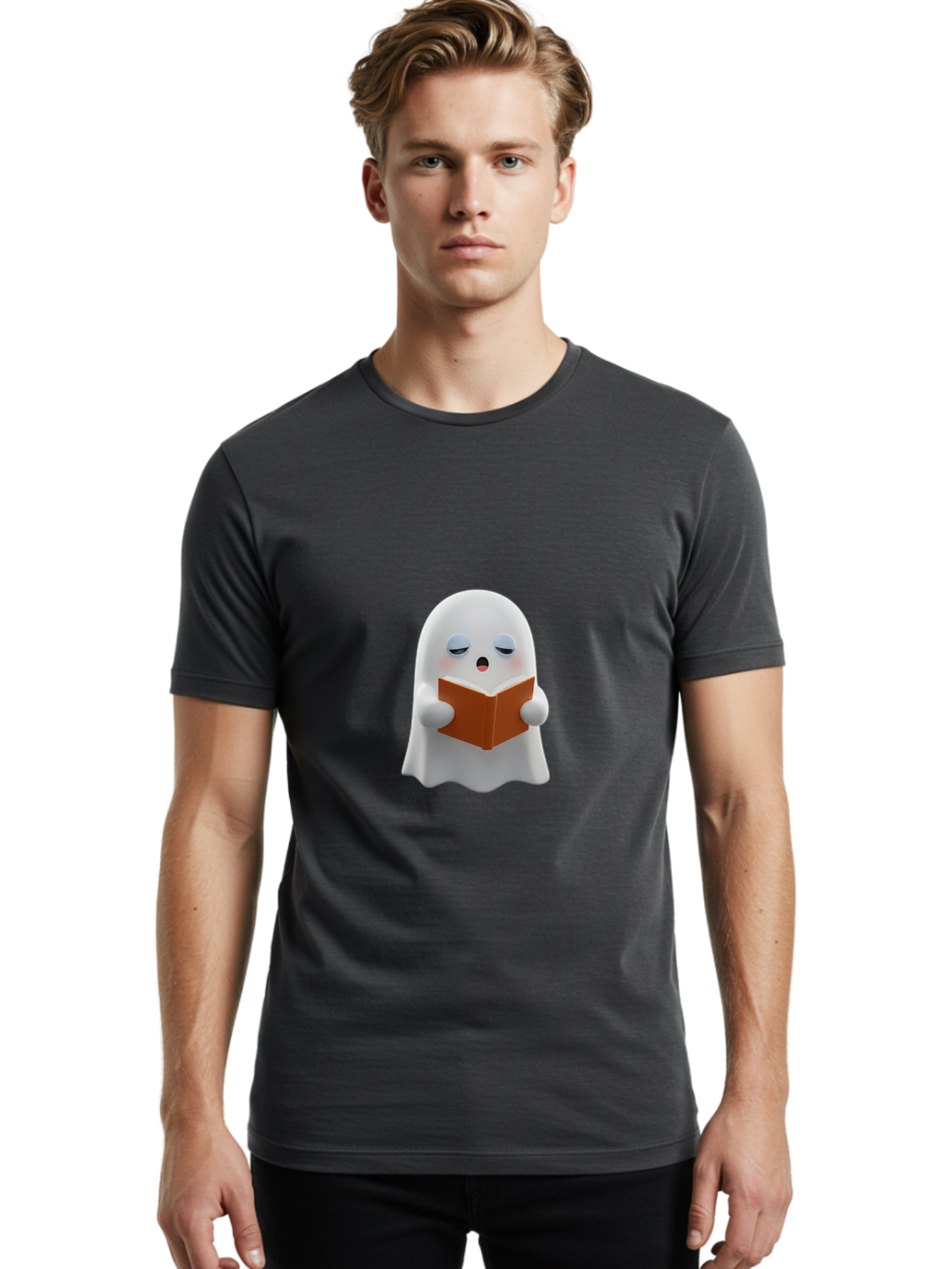 Ghost-Reading-Book Men'S Graphic Tee, 100% Cotton, Comfortable Casual Summer Wear, Machine Washable, White Ghost, Reading A Book, Cartoon Character, 3D Illustration, Cute Ghost, Ghostly Figure, Bookworm, Adorable, Funny, Spooky, Halloween, Bab939