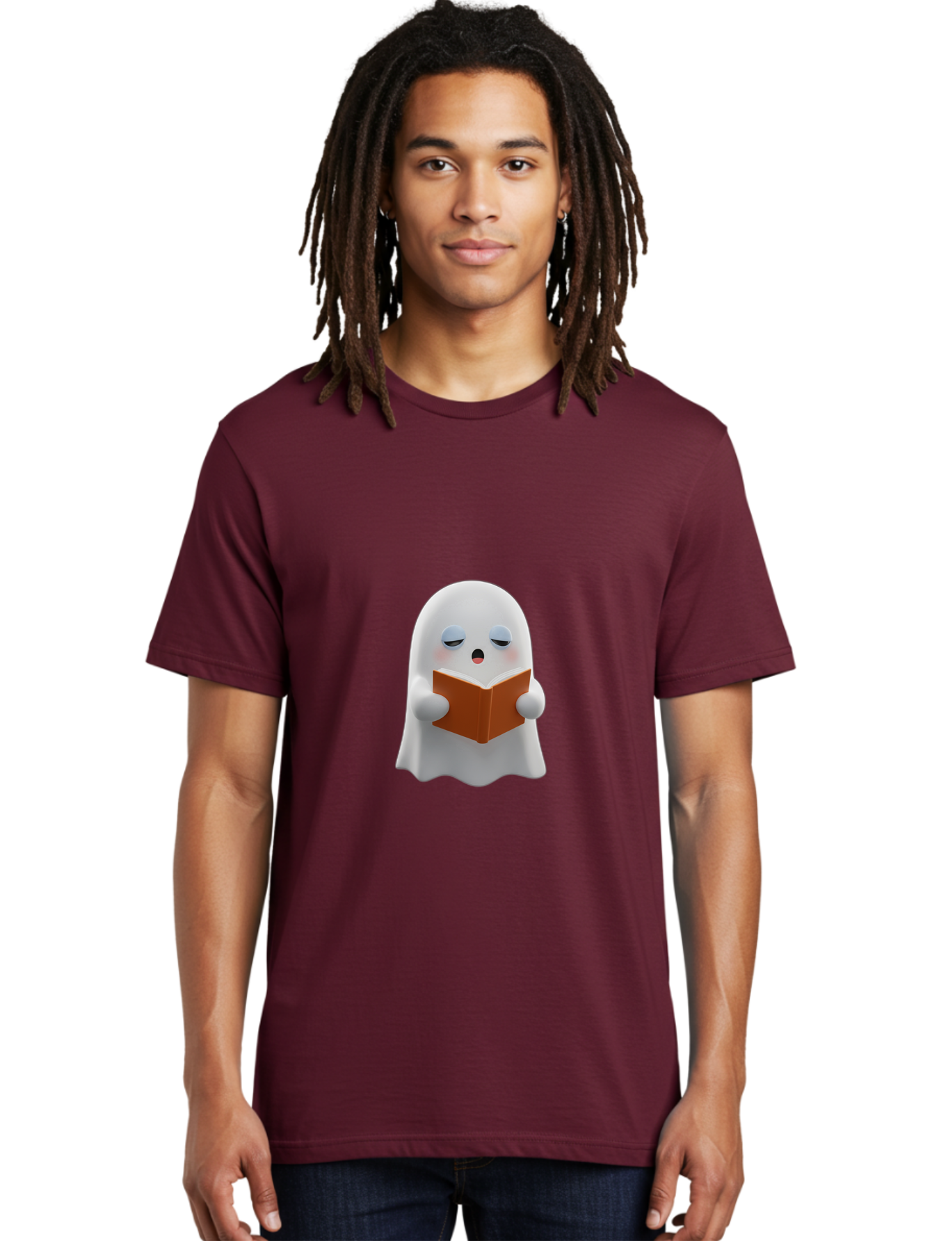 Ghost-Reading-Book Men'S Graphic Tee, 100% Cotton, Comfortable Casual Summer Wear, Machine Washable, White Ghost, Reading A Book, Cartoon Character, 3D Illustration, Cute Ghost, Ghostly Figure, Bookworm, Adorable, Funny, Spooky, Halloween, Bab939
