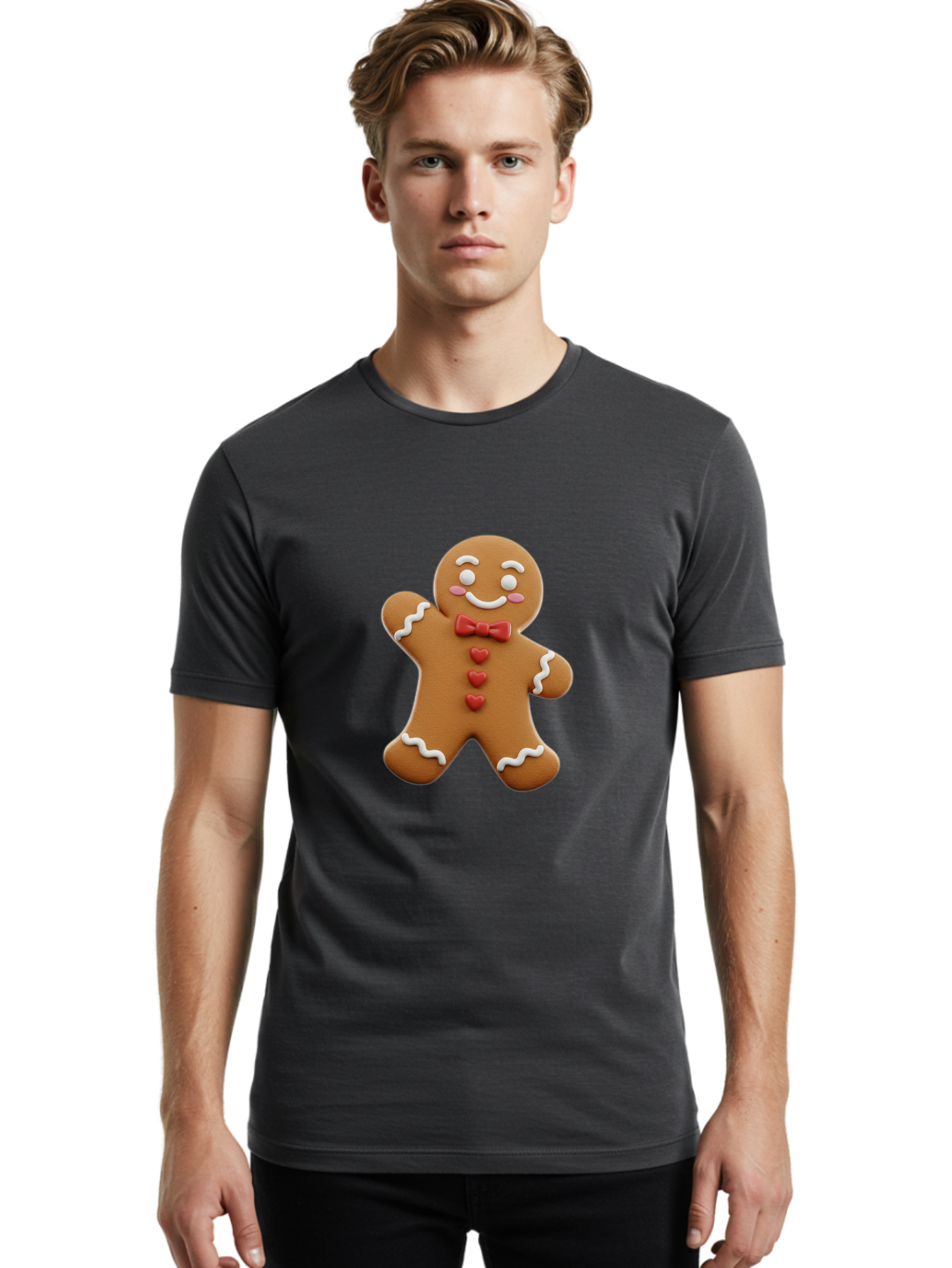Gingerbread-Man-1 Men'S Graphic Tee, 100% Cotton, Comfortable Casual Summer Wear, Machine Washable, Gingerbread Man, Sweet Treat, Holiday Baking, Festive Cookie, Whimsical Design, Red Bow Tie, White Icing, Heart Buttons, Cartoon Character Bab941