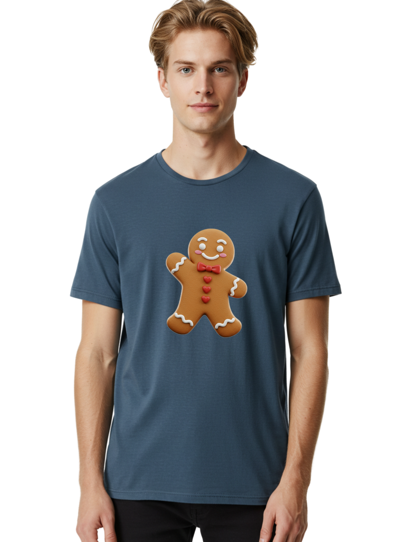 Gingerbread-Man-1 Men'S Graphic Tee, 100% Cotton, Comfortable Casual Summer Wear, Machine Washable, Gingerbread Man, Sweet Treat, Holiday Baking, Festive Cookie, Whimsical Design, Red Bow Tie, White Icing, Heart Buttons, Cartoon Character Bab941