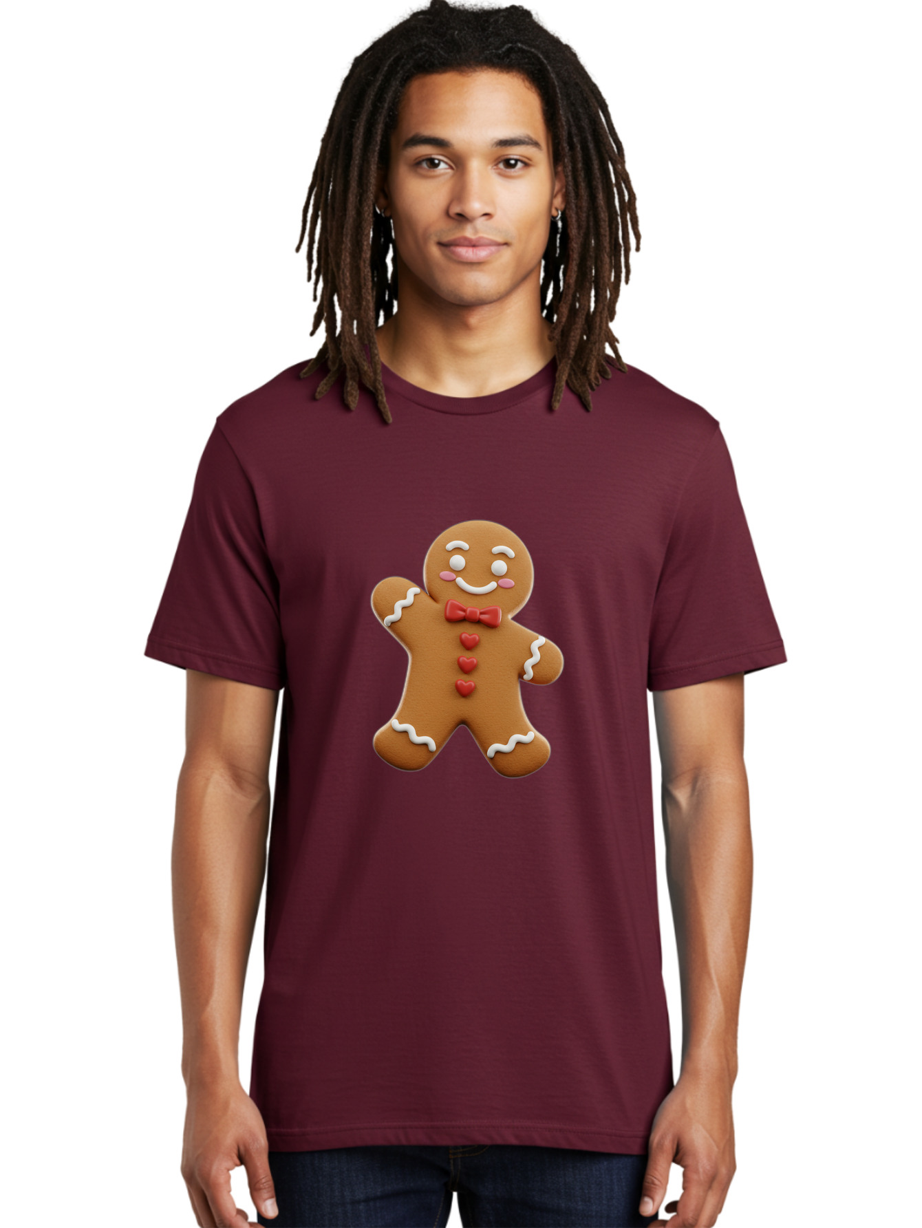 Gingerbread-Man-1 Men'S Graphic Tee, 100% Cotton, Comfortable Casual Summer Wear, Machine Washable, Gingerbread Man, Sweet Treat, Holiday Baking, Festive Cookie, Whimsical Design, Red Bow Tie, White Icing, Heart Buttons, Cartoon Character Bab941