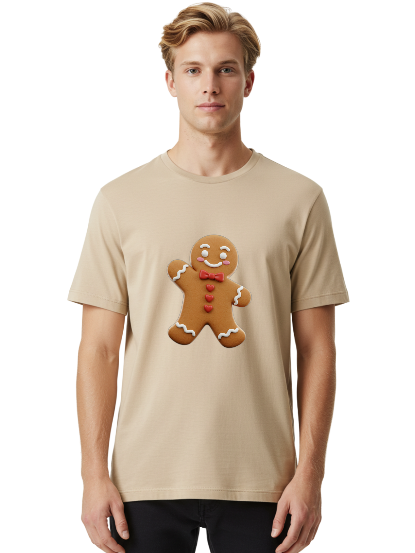 Gingerbread-Man-1 Men'S Graphic Tee, 100% Cotton, Comfortable Casual Summer Wear, Machine Washable, Gingerbread Man, Sweet Treat, Holiday Baking, Festive Cookie, Whimsical Design, Red Bow Tie, White Icing, Heart Buttons, Cartoon Character Bab941