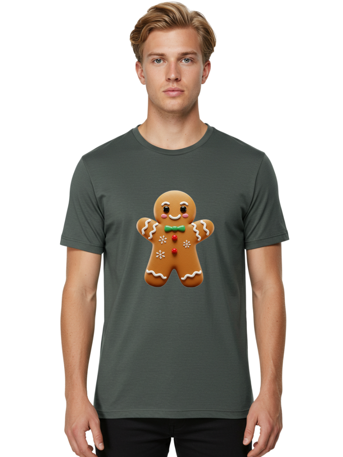 Gingerbread-Man-11 Men'S Graphic Tee, 100% Cotton, Comfortable Casual Summer Wear, Machine Washable, Gingerbread Man, Cartoon Character, Festive Treats, Holiday Cookies, Christmas Dessert, Baked Goods, Icing Decorations, Candy Buttons, Bab943