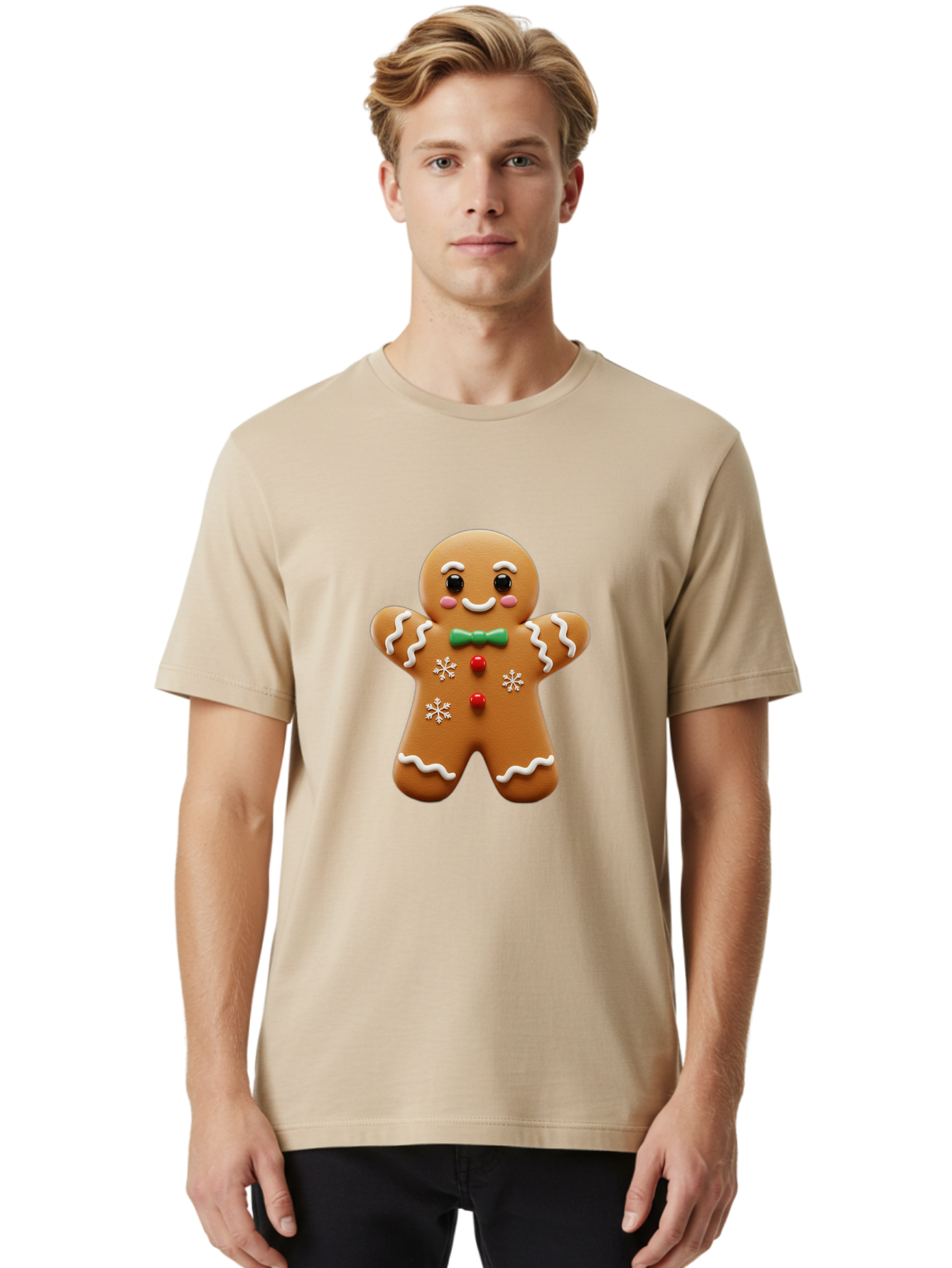 Gingerbread-Man-11 Men'S Graphic Tee, 100% Cotton, Comfortable Casual Summer Wear, Machine Washable, Gingerbread Man, Cartoon Character, Festive Treats, Holiday Cookies, Christmas Dessert, Baked Goods, Icing Decorations, Candy Buttons, Bab943