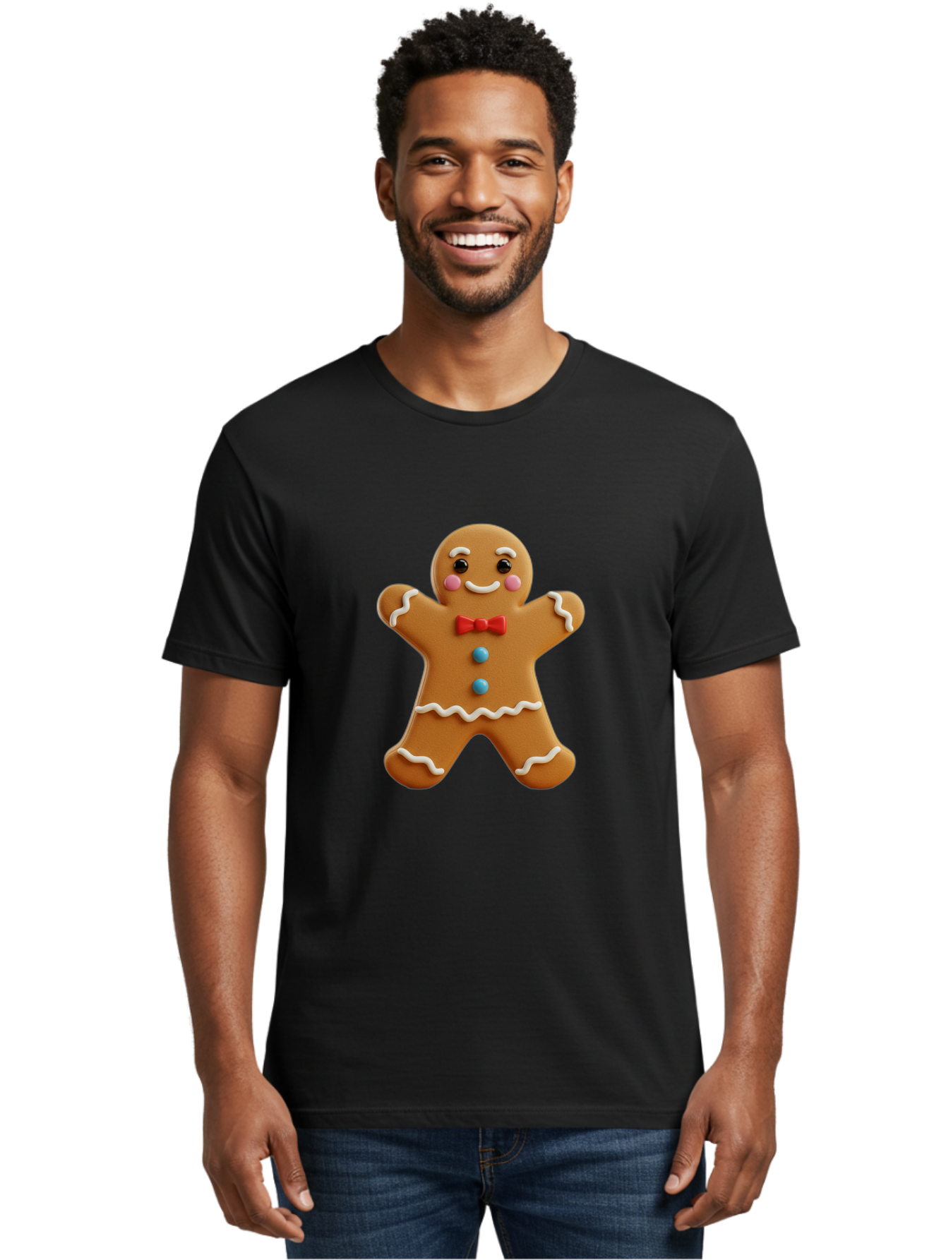 Gingerbread-Man-13 Men'S Graphic Tee, 100% Cotton, Comfortable Casual Summer Wear, Machine Washable, Cute Gingerbread Man, Christmas Cookie, Festive Treat, Red Bow Tie, White Icing, Blue Candy Buttons, Holiday Baking, Sweet Delight Bab945
