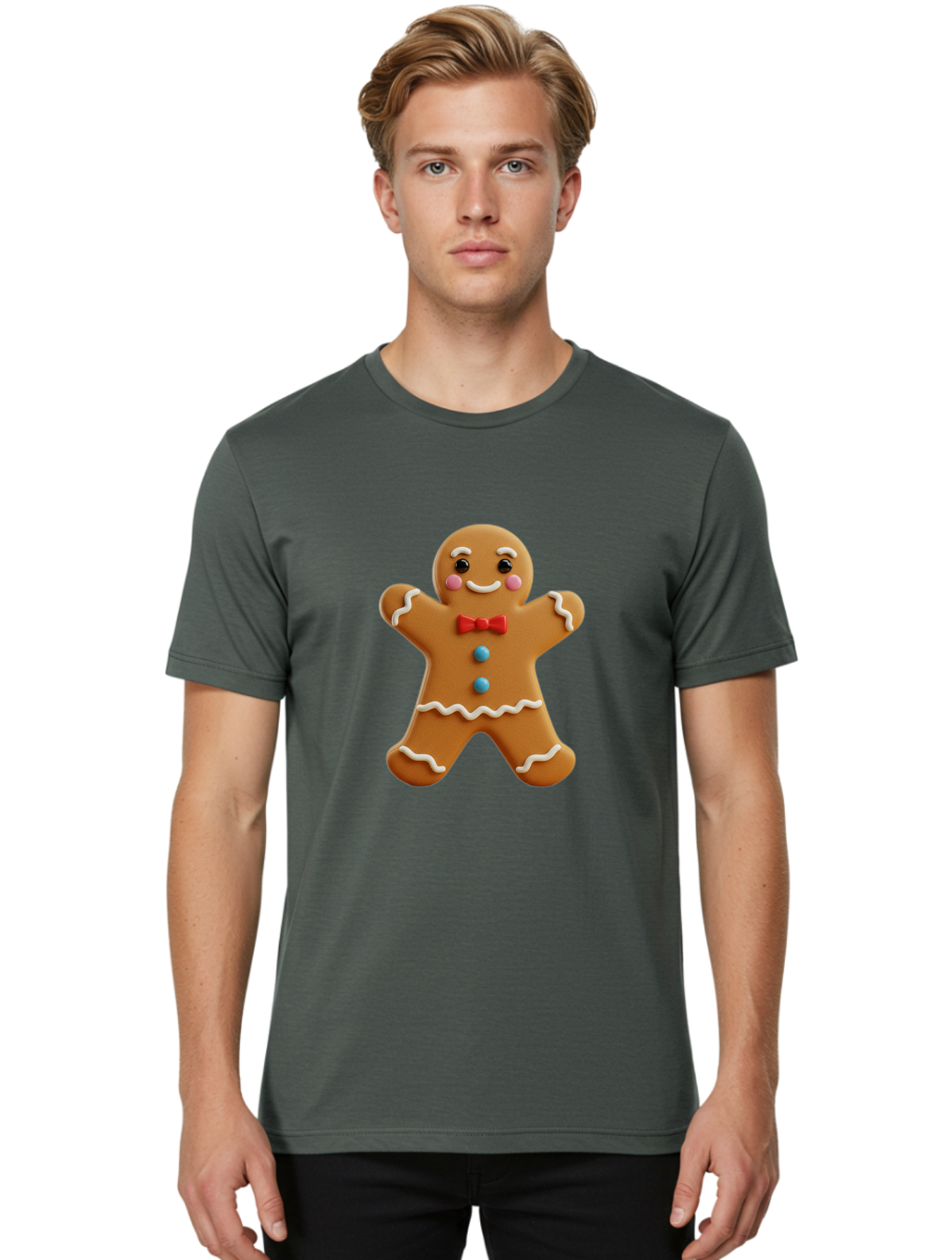 Gingerbread-Man-13 Men'S Graphic Tee, 100% Cotton, Comfortable Casual Summer Wear, Machine Washable, Cute Gingerbread Man, Christmas Cookie, Festive Treat, Red Bow Tie, White Icing, Blue Candy Buttons, Holiday Baking, Sweet Delight Bab945