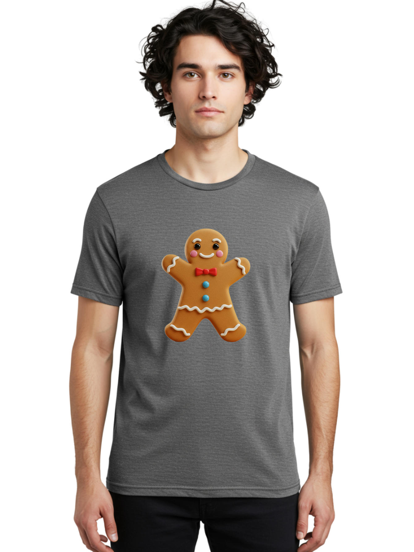 Gingerbread-Man-13 Men'S Graphic Tee, 100% Cotton, Comfortable Casual Summer Wear, Machine Washable, Cute Gingerbread Man, Christmas Cookie, Festive Treat, Red Bow Tie, White Icing, Blue Candy Buttons, Holiday Baking, Sweet Delight Bab945