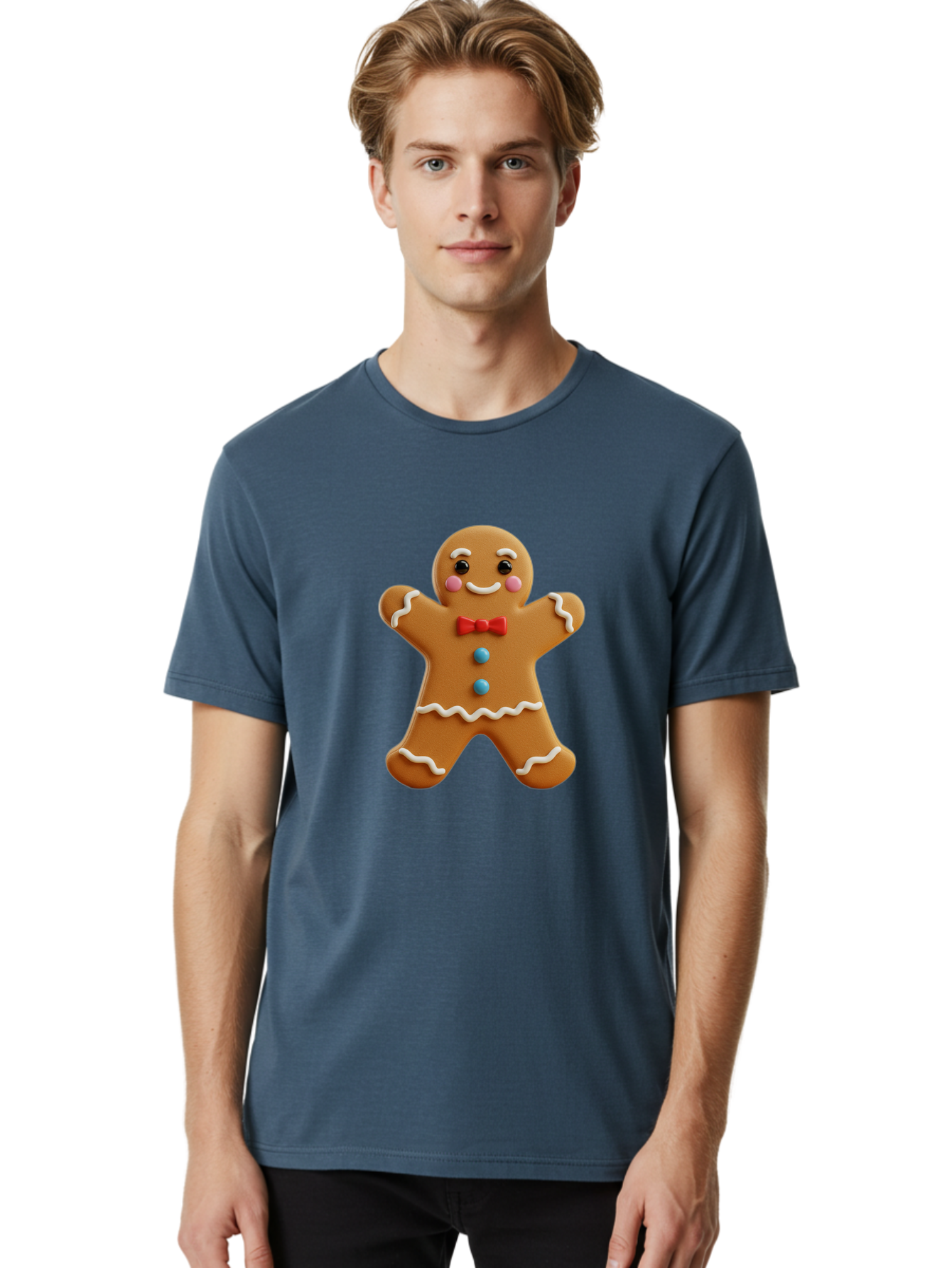 Gingerbread-Man-13 Men'S Graphic Tee, 100% Cotton, Comfortable Casual Summer Wear, Machine Washable, Cute Gingerbread Man, Christmas Cookie, Festive Treat, Red Bow Tie, White Icing, Blue Candy Buttons, Holiday Baking, Sweet Delight Bab945