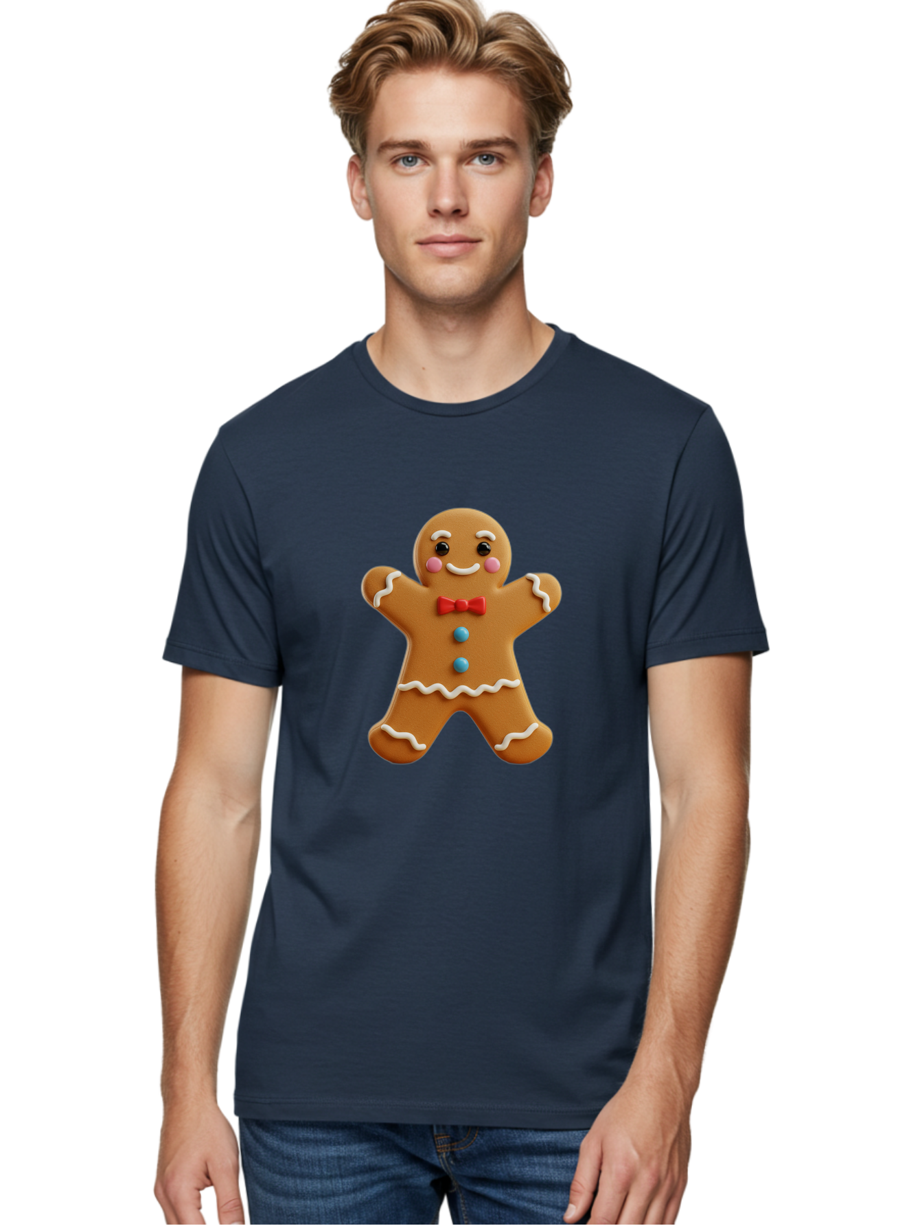 Gingerbread-Man-13 Men'S Graphic Tee, 100% Cotton, Comfortable Casual Summer Wear, Machine Washable, Cute Gingerbread Man, Christmas Cookie, Festive Treat, Red Bow Tie, White Icing, Blue Candy Buttons, Holiday Baking, Sweet Delight Bab945