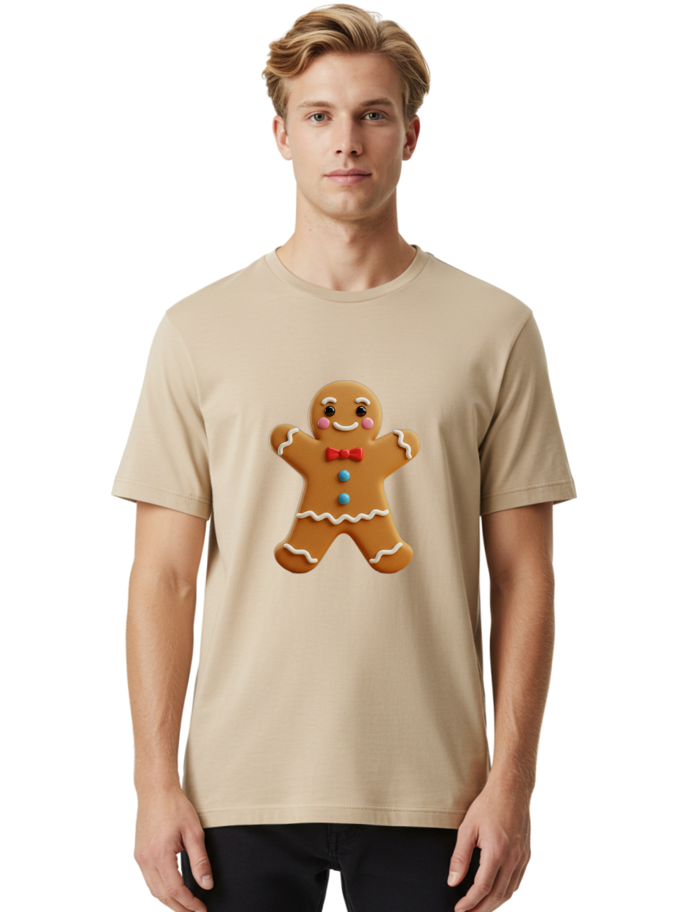 Gingerbread-Man-13 Men'S Graphic Tee, 100% Cotton, Comfortable Casual Summer Wear, Machine Washable, Cute Gingerbread Man, Christmas Cookie, Festive Treat, Red Bow Tie, White Icing, Blue Candy Buttons, Holiday Baking, Sweet Delight Bab945