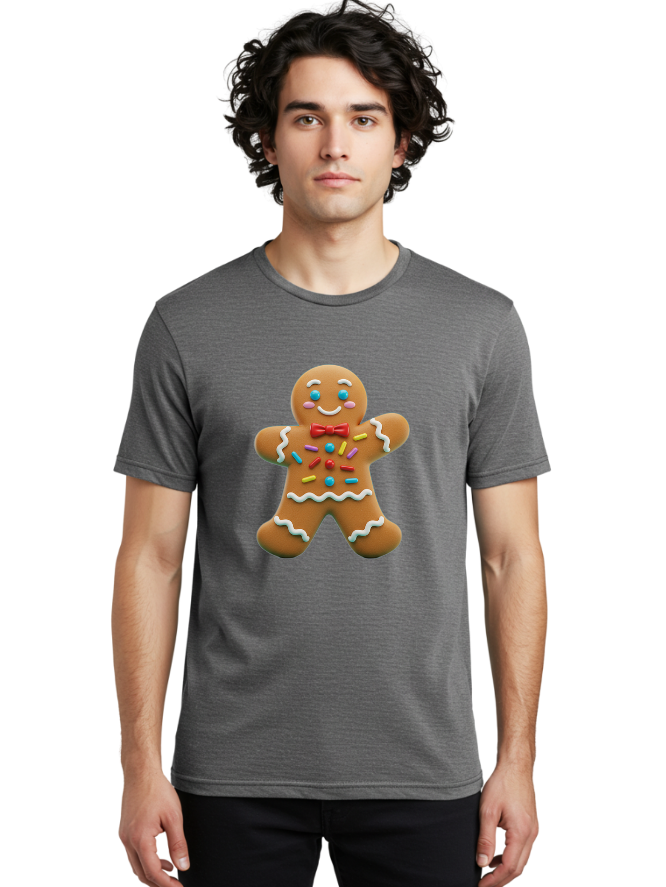 Gingerbread-Man-14 Men'S Graphic Tee, 100% Cotton, Comfortable Casual Summer Wear, Machine Washable, Gingerbread Man, Holiday Treat, Cookie Decoration, Colorful Sprinkles, Red Bow Tie, Happy Face, Festive Character, Baked Goods, Sweet Delight, Bab946