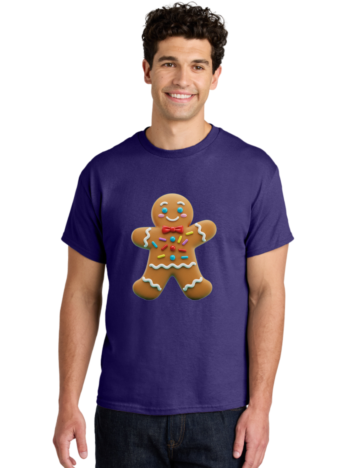 Gingerbread-Man-14 Men'S Graphic Tee, 100% Cotton, Comfortable Casual Summer Wear, Machine Washable, Gingerbread Man, Holiday Treat, Cookie Decoration, Colorful Sprinkles, Red Bow Tie, Happy Face, Festive Character, Baked Goods, Sweet Delight, Bab946
