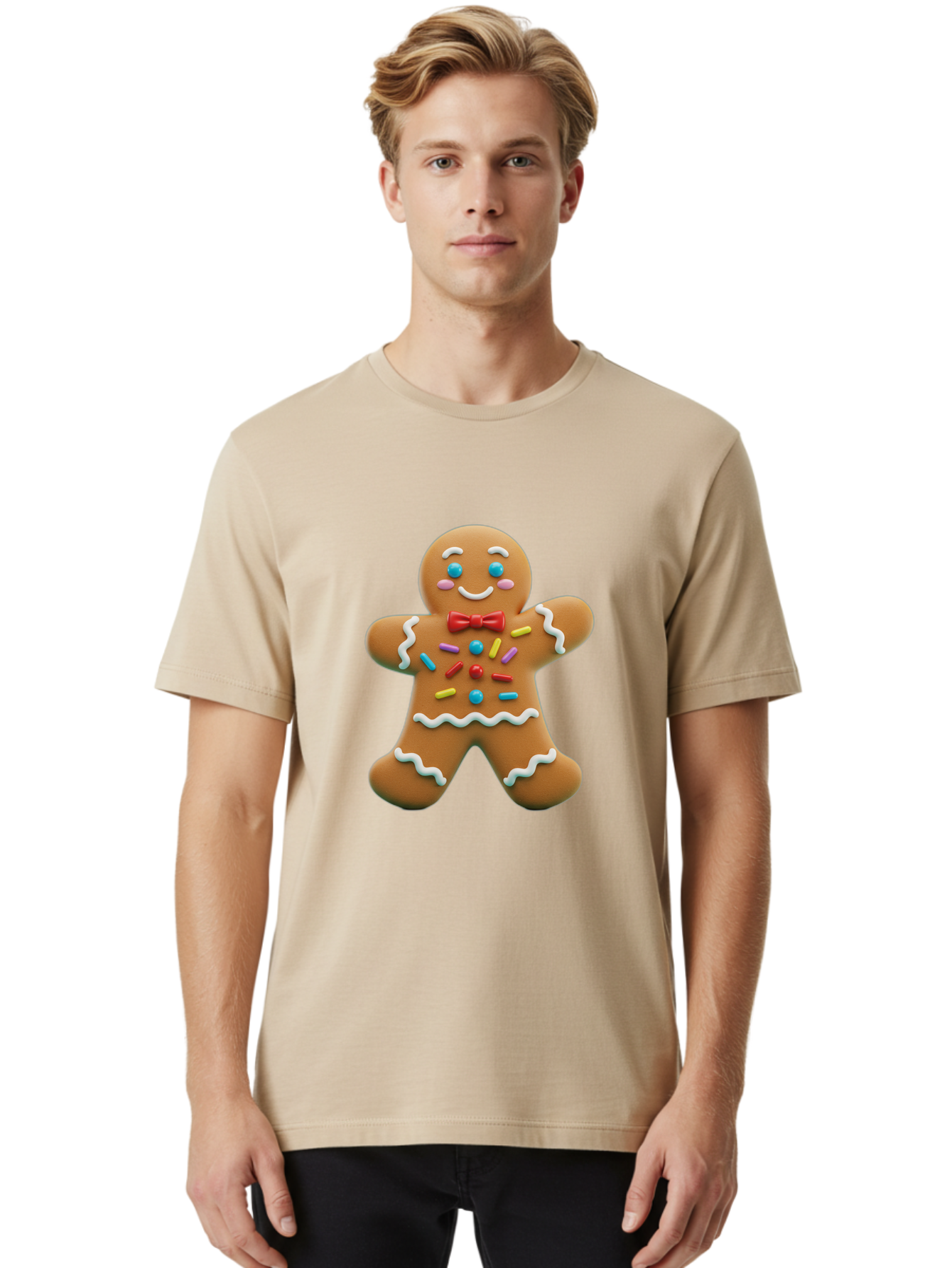 Gingerbread-Man-14 Men'S Graphic Tee, 100% Cotton, Comfortable Casual Summer Wear, Machine Washable, Gingerbread Man, Holiday Treat, Cookie Decoration, Colorful Sprinkles, Red Bow Tie, Happy Face, Festive Character, Baked Goods, Sweet Delight, Bab946