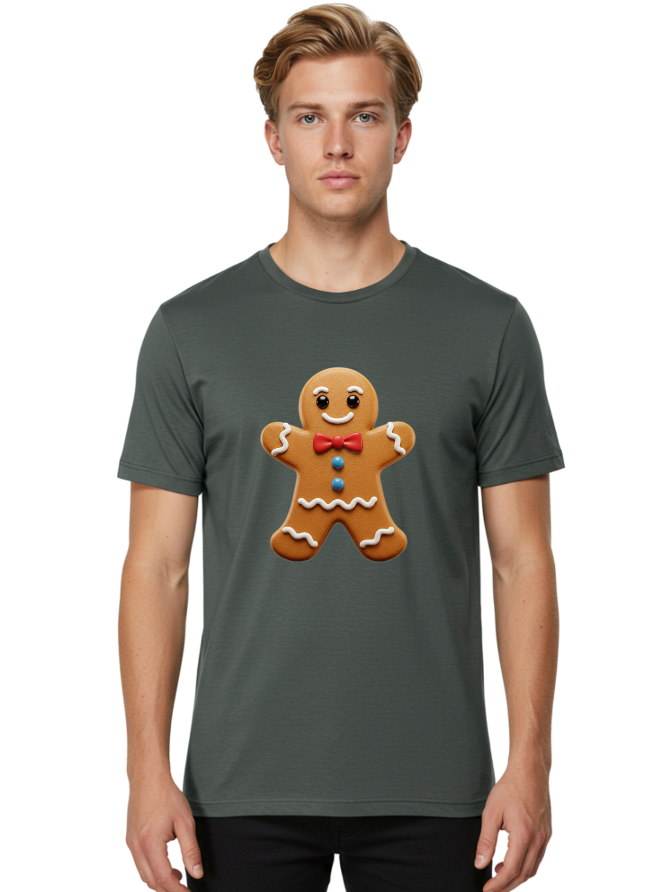 Gingerbread-Man-15 Men'S Graphic Tee, 100% Cotton, Comfortable Casual Summer Wear, Machine Washable, Gingerbread Man, Christmas Cookie, Red Bow Tie, White Icing, Blue Buttons, Festive Treat, Holiday Baking, Sweet Delight, Winter Wonderland Bab947