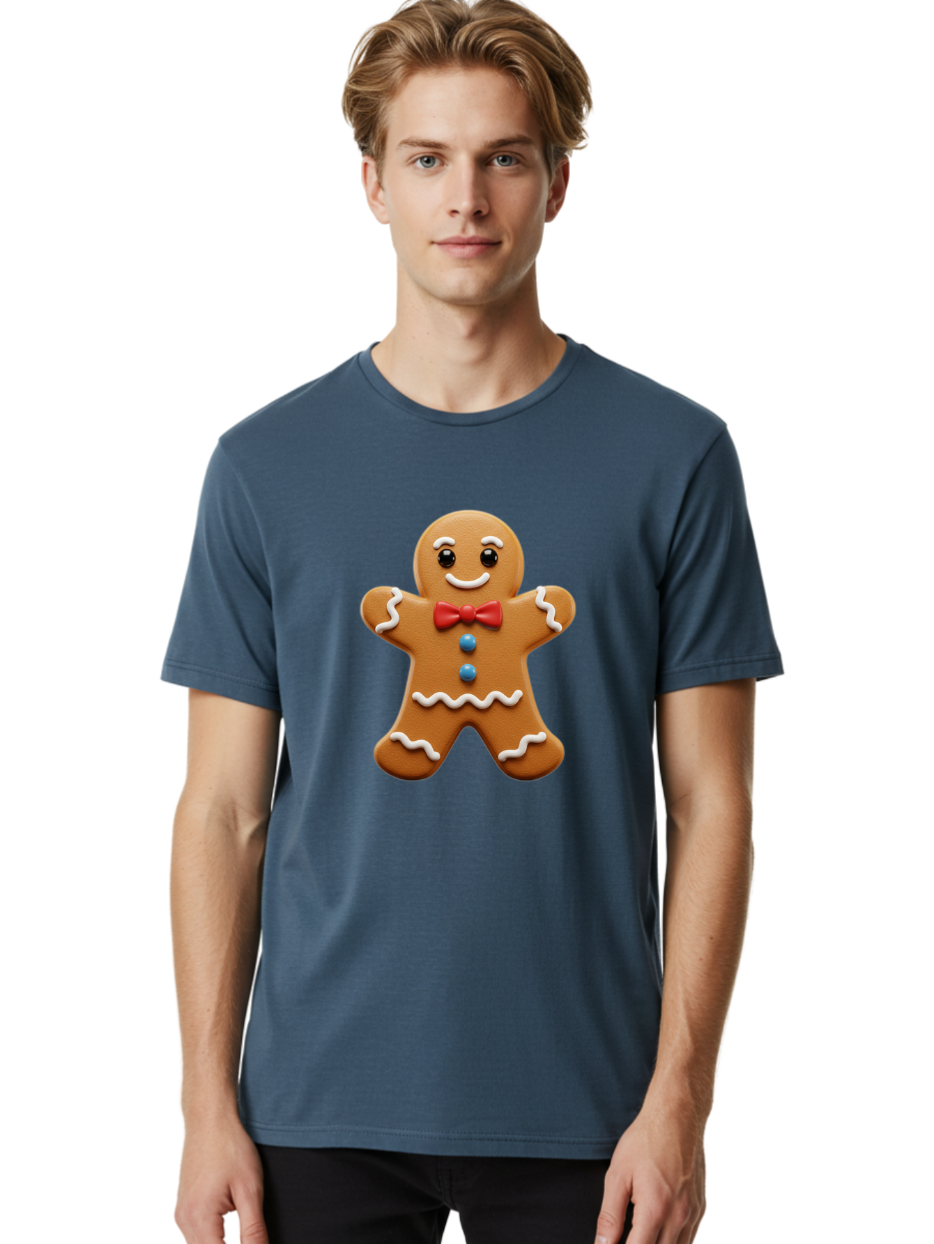 Gingerbread-Man-15 Men'S Graphic Tee, 100% Cotton, Comfortable Casual Summer Wear, Machine Washable, Gingerbread Man, Christmas Cookie, Red Bow Tie, White Icing, Blue Buttons, Festive Treat, Holiday Baking, Sweet Delight, Winter Wonderland Bab947