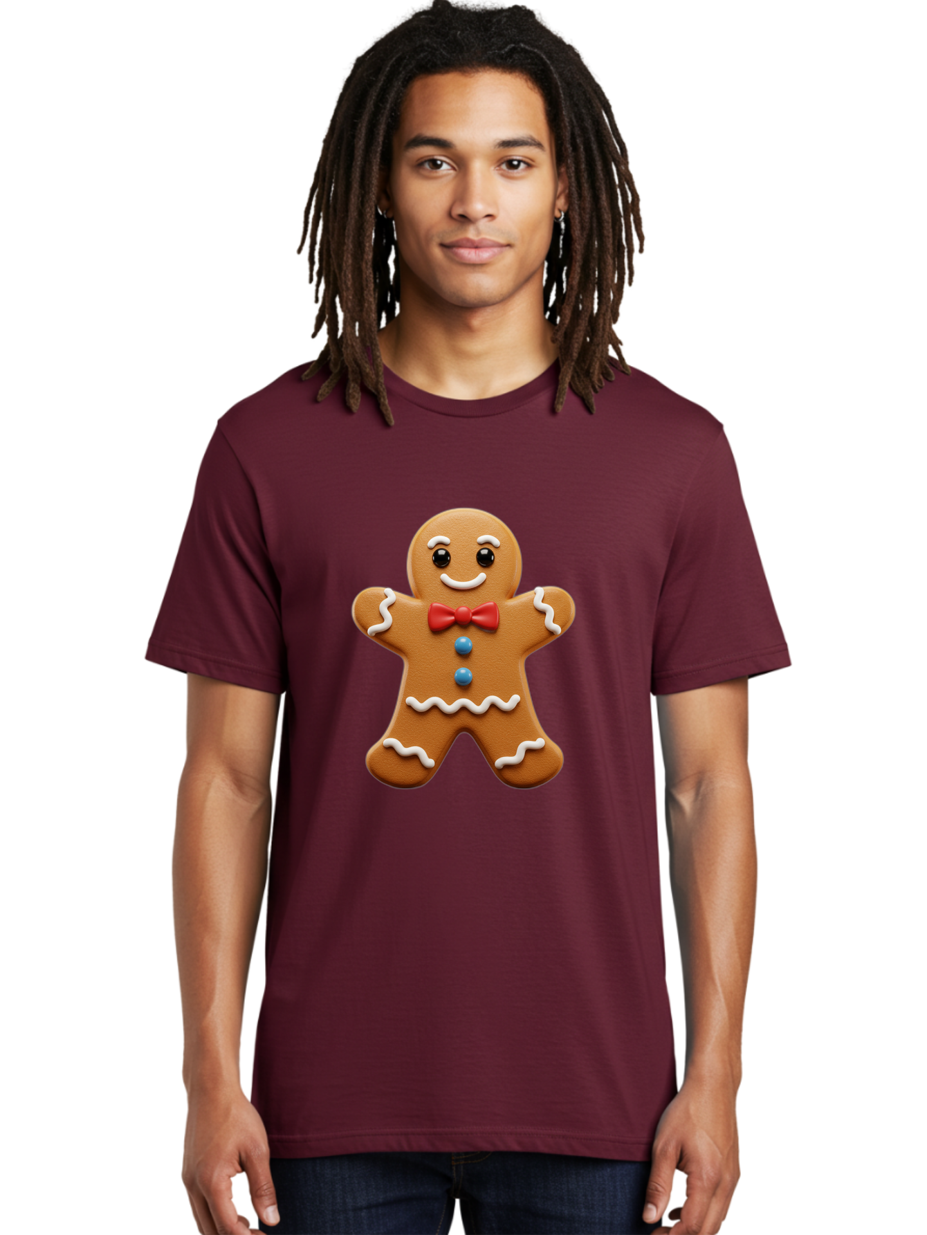 Gingerbread-Man-15 Men'S Graphic Tee, 100% Cotton, Comfortable Casual Summer Wear, Machine Washable, Gingerbread Man, Christmas Cookie, Red Bow Tie, White Icing, Blue Buttons, Festive Treat, Holiday Baking, Sweet Delight, Winter Wonderland Bab947