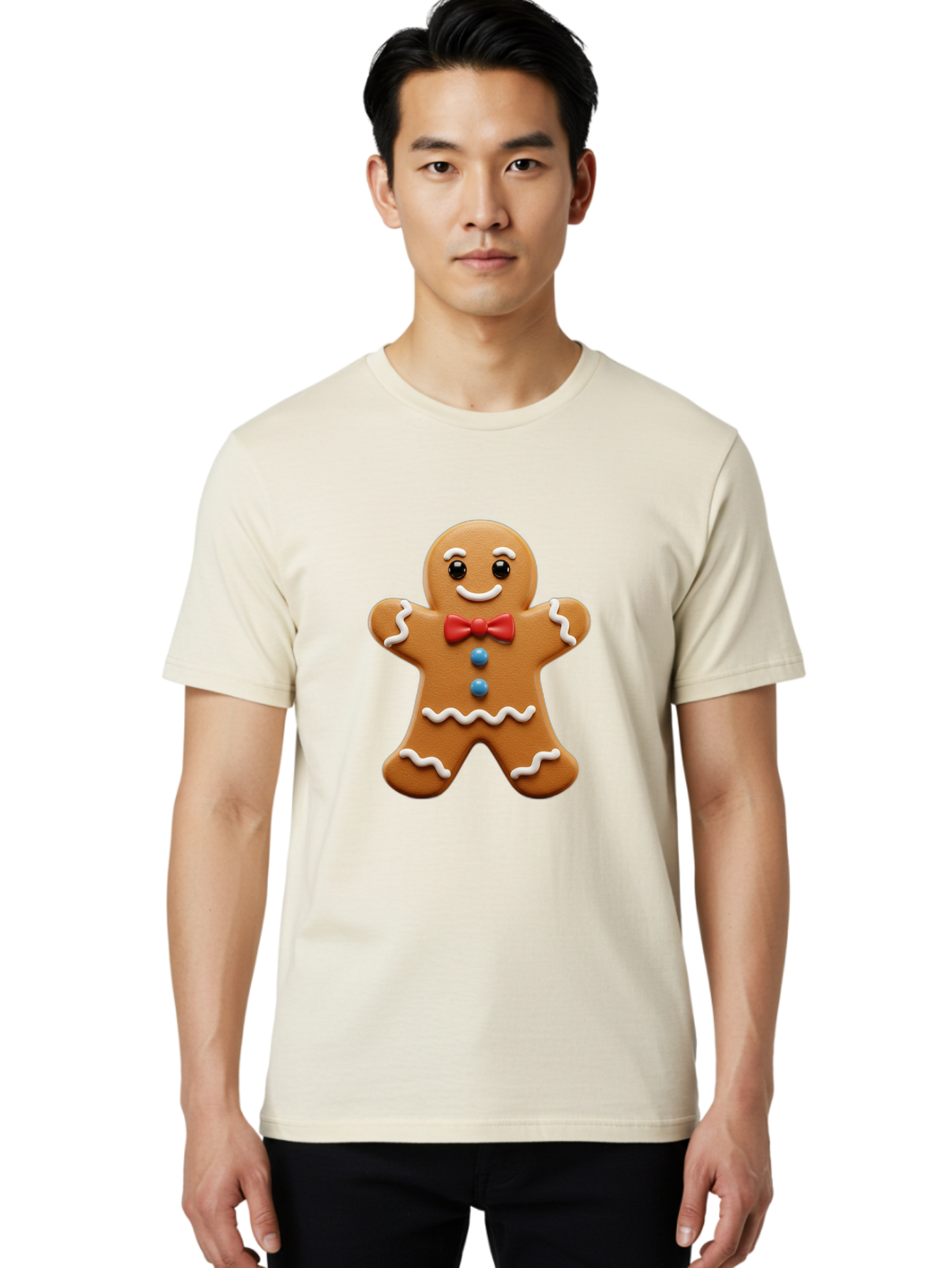Gingerbread-Man-15 Men'S Graphic Tee, 100% Cotton, Comfortable Casual Summer Wear, Machine Washable, Gingerbread Man, Christmas Cookie, Red Bow Tie, White Icing, Blue Buttons, Festive Treat, Holiday Baking, Sweet Delight, Winter Wonderland Bab947