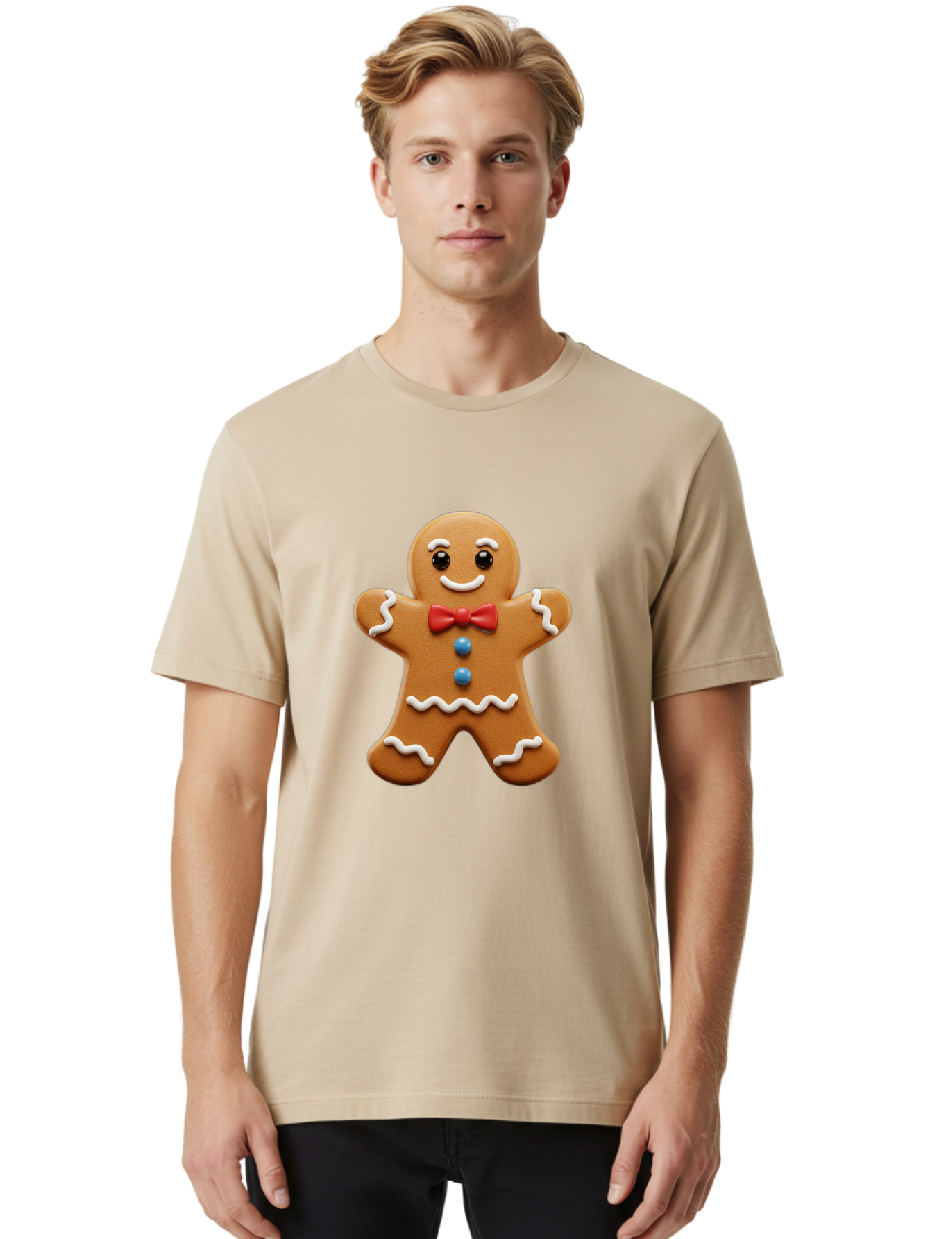 Gingerbread-Man-15 Men'S Graphic Tee, 100% Cotton, Comfortable Casual Summer Wear, Machine Washable, Gingerbread Man, Christmas Cookie, Red Bow Tie, White Icing, Blue Buttons, Festive Treat, Holiday Baking, Sweet Delight, Winter Wonderland Bab947