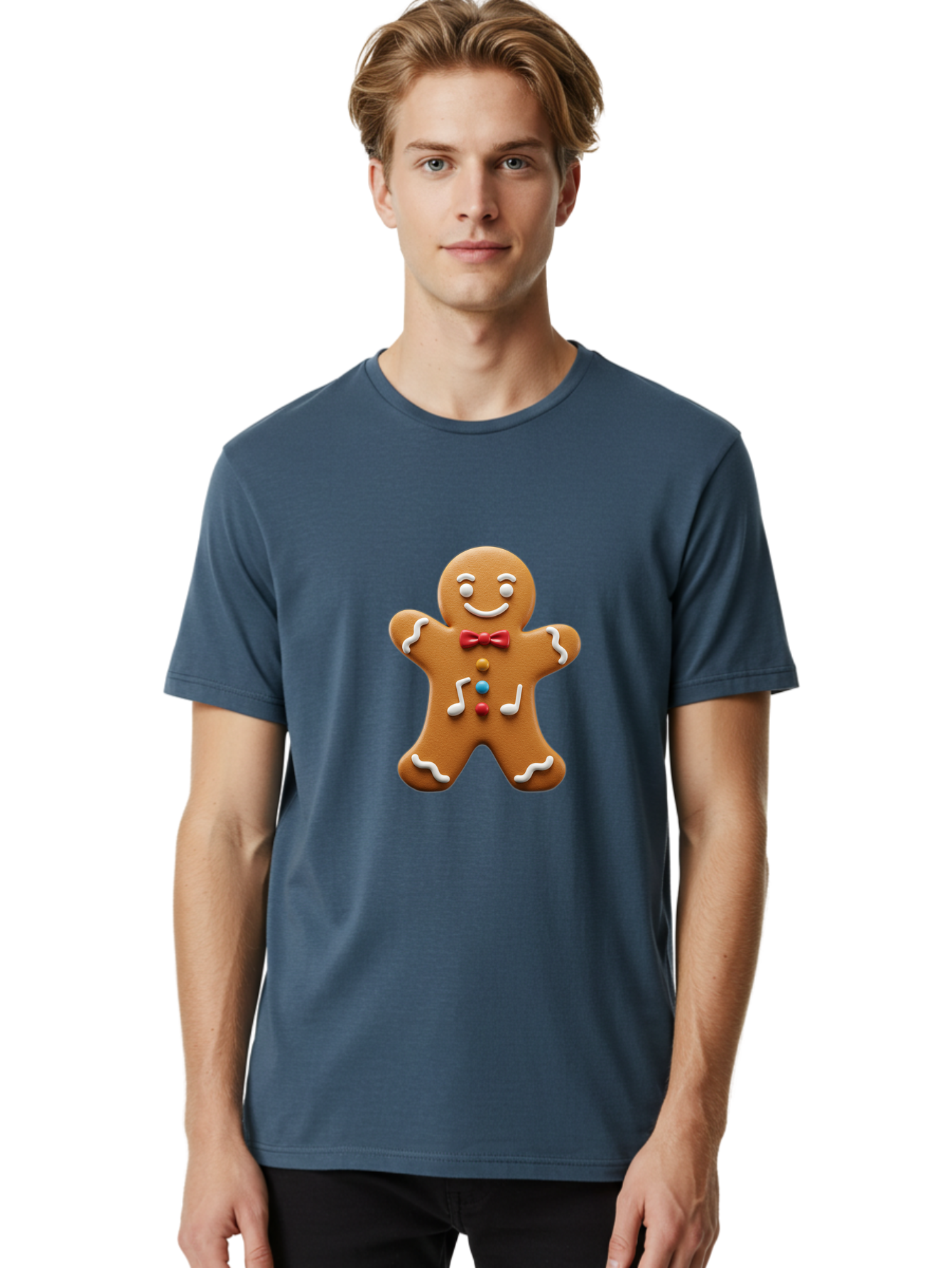 Gingerbread-Man-16 Men'S Graphic Tee, 100% Cotton, Comfortable Casual Summer Wear, Machine Washable, Gingerbread Man, Holiday Treat, Festive Cookie, Christmas Baking, Sweet Decoration, Icing Details, Candy Buttons, Red Bow Tie, White Icing Bab948