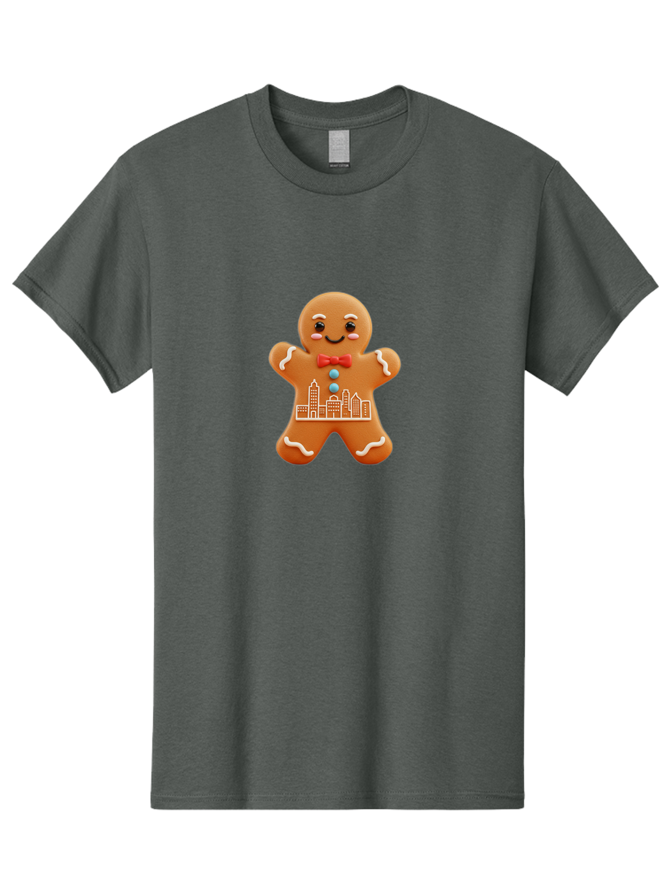 Gingerbread-Man-17 Men'S Graphic Tee, 100% Cotton, Comfortable Casual Summer Wear, Machine Washable, Gingerbread Man, City Design, Festive Treat, Holiday Cookie, Red Bow Tie, White Icing Details, Gingerbread Cookie Art, Cityscape Cookie, Bab949