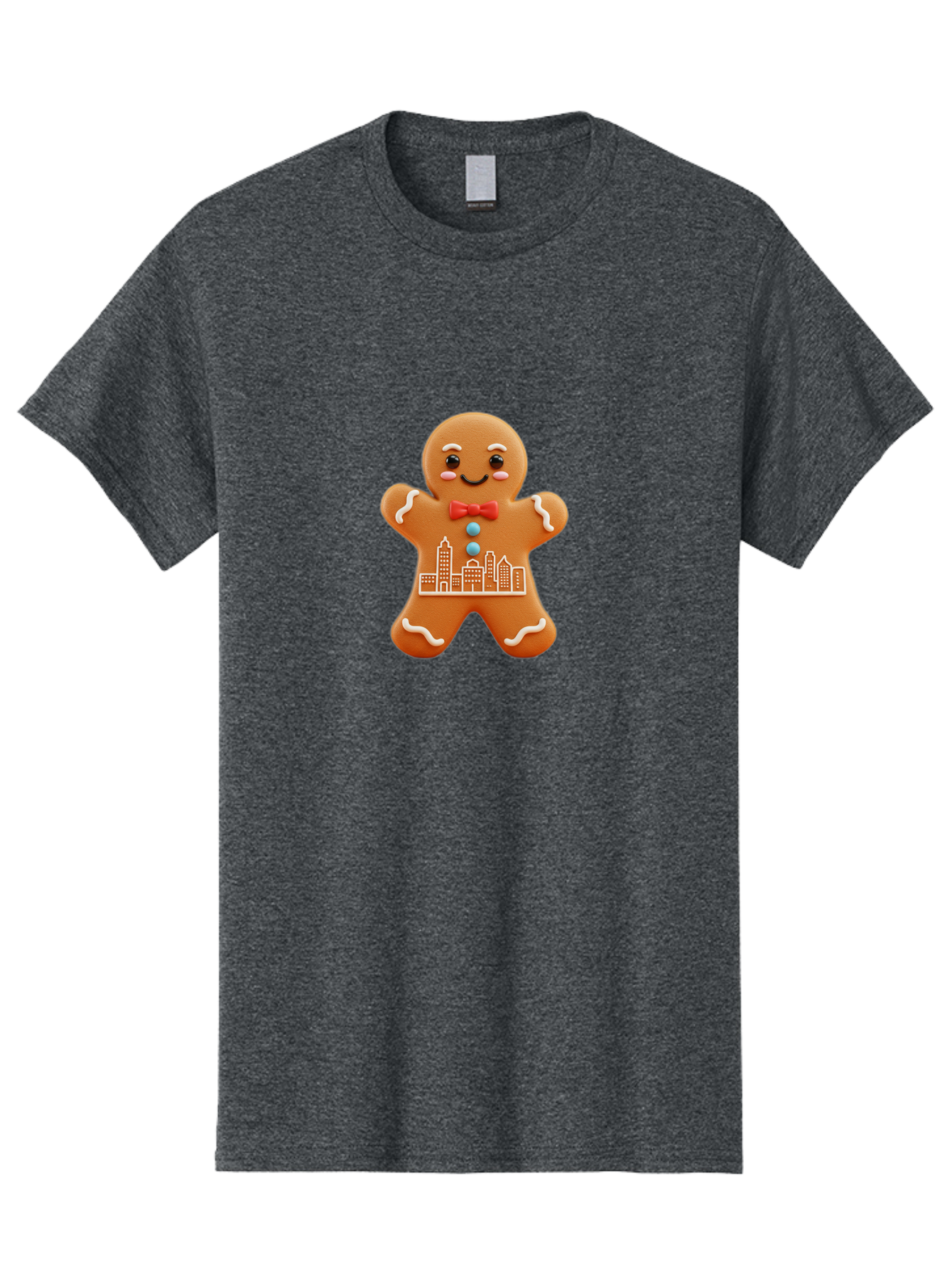 Gingerbread-Man-17 Men'S Graphic Tee, 100% Cotton, Comfortable Casual Summer Wear, Machine Washable, Gingerbread Man, City Design, Festive Treat, Holiday Cookie, Red Bow Tie, White Icing Details, Gingerbread Cookie Art, Cityscape Cookie, Bab949
