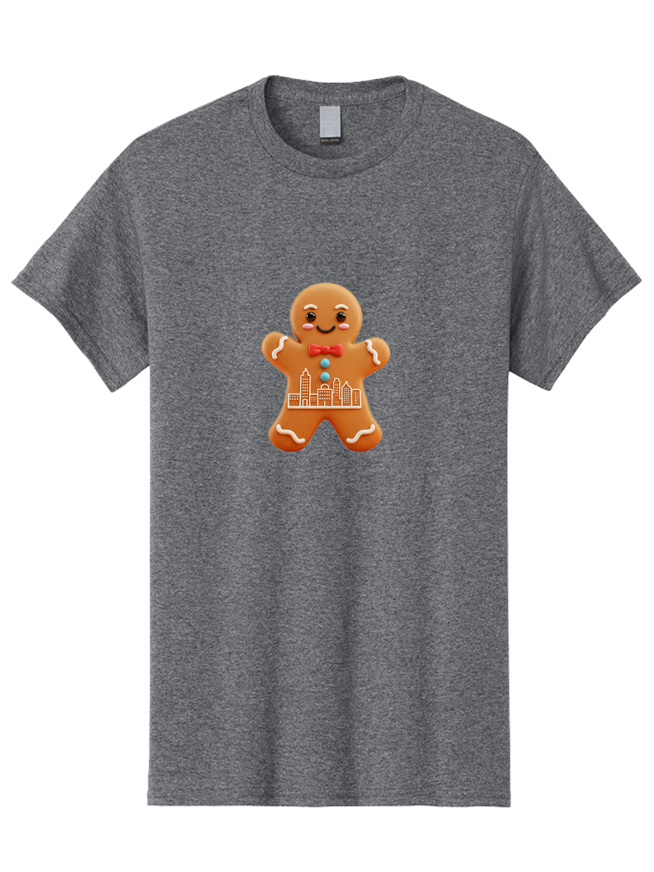 Gingerbread-Man-17 Men'S Graphic Tee, 100% Cotton, Comfortable Casual Summer Wear, Machine Washable, Gingerbread Man, City Design, Festive Treat, Holiday Cookie, Red Bow Tie, White Icing Details, Gingerbread Cookie Art, Cityscape Cookie, Bab949
