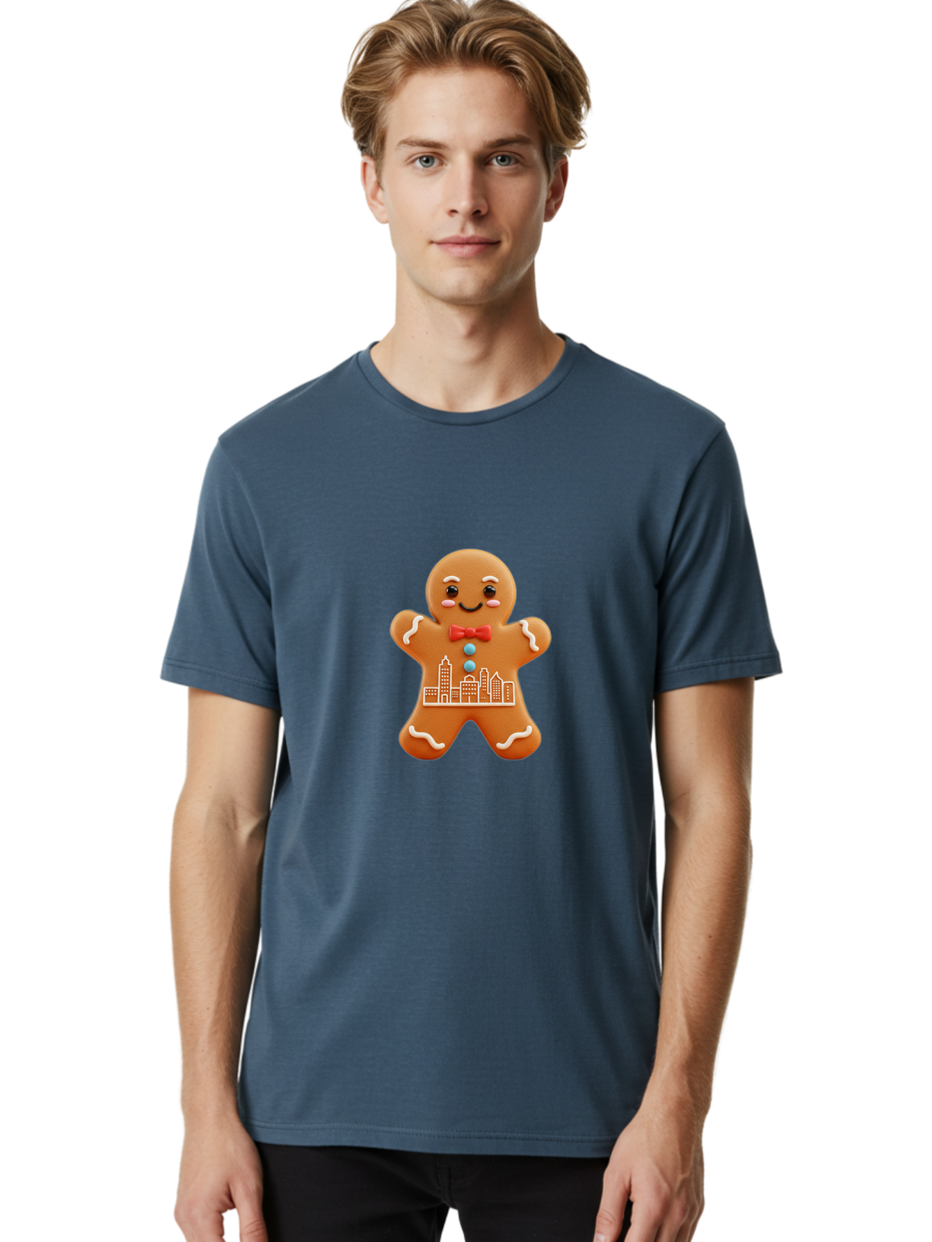 Gingerbread-Man-17 Men'S Graphic Tee, 100% Cotton, Comfortable Casual Summer Wear, Machine Washable, Gingerbread Man, City Design, Festive Treat, Holiday Cookie, Red Bow Tie, White Icing Details, Gingerbread Cookie Art, Cityscape Cookie, Bab949