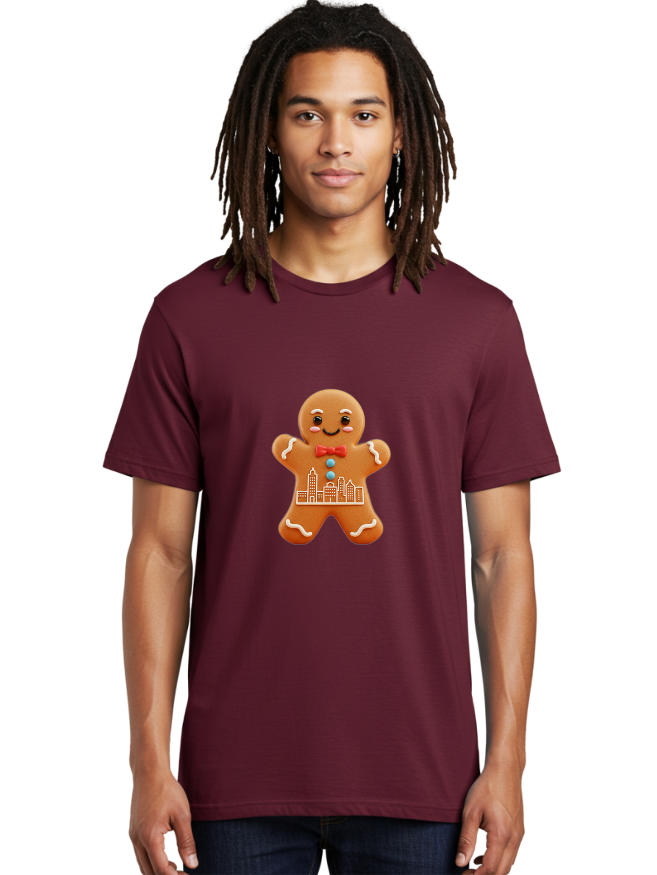 Gingerbread-Man-17 Men'S Graphic Tee, 100% Cotton, Comfortable Casual Summer Wear, Machine Washable, Gingerbread Man, City Design, Festive Treat, Holiday Cookie, Red Bow Tie, White Icing Details, Gingerbread Cookie Art, Cityscape Cookie, Bab949