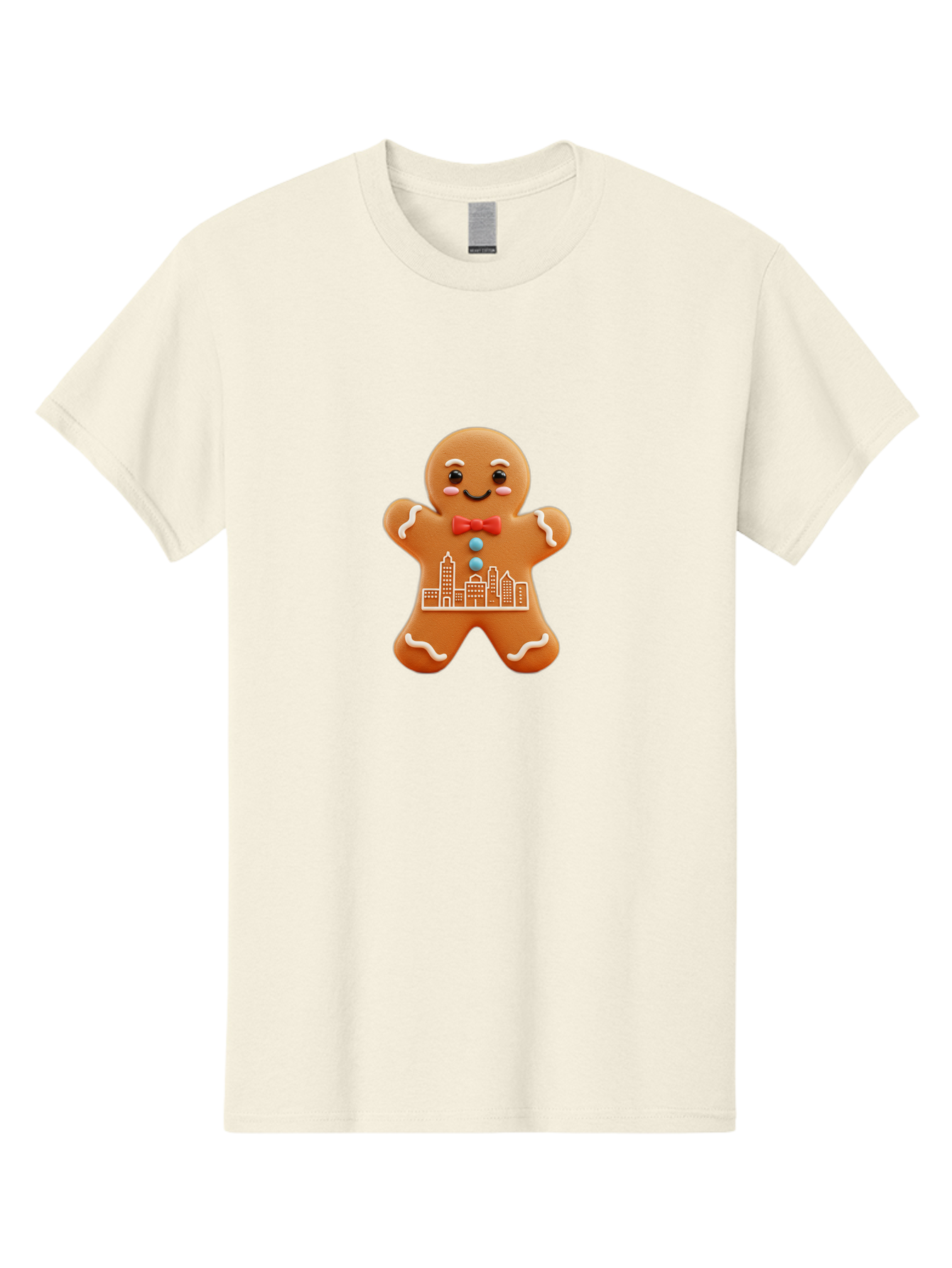 Gingerbread-Man-17 Men'S Graphic Tee, 100% Cotton, Comfortable Casual Summer Wear, Machine Washable, Gingerbread Man, City Design, Festive Treat, Holiday Cookie, Red Bow Tie, White Icing Details, Gingerbread Cookie Art, Cityscape Cookie, Bab949