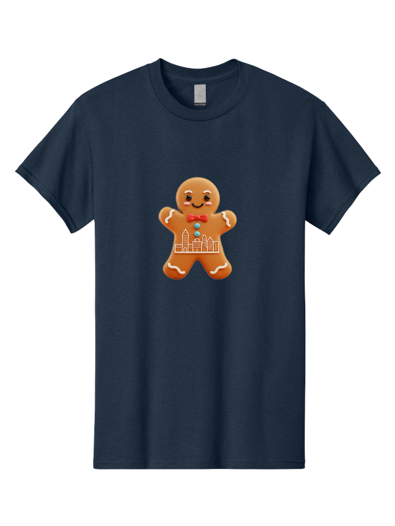 Gingerbread-Man-17 Men'S Graphic Tee, 100% Cotton, Comfortable Casual Summer Wear, Machine Washable, Gingerbread Man, City Design, Festive Treat, Holiday Cookie, Red Bow Tie, White Icing Details, Gingerbread Cookie Art, Cityscape Cookie, Bab949