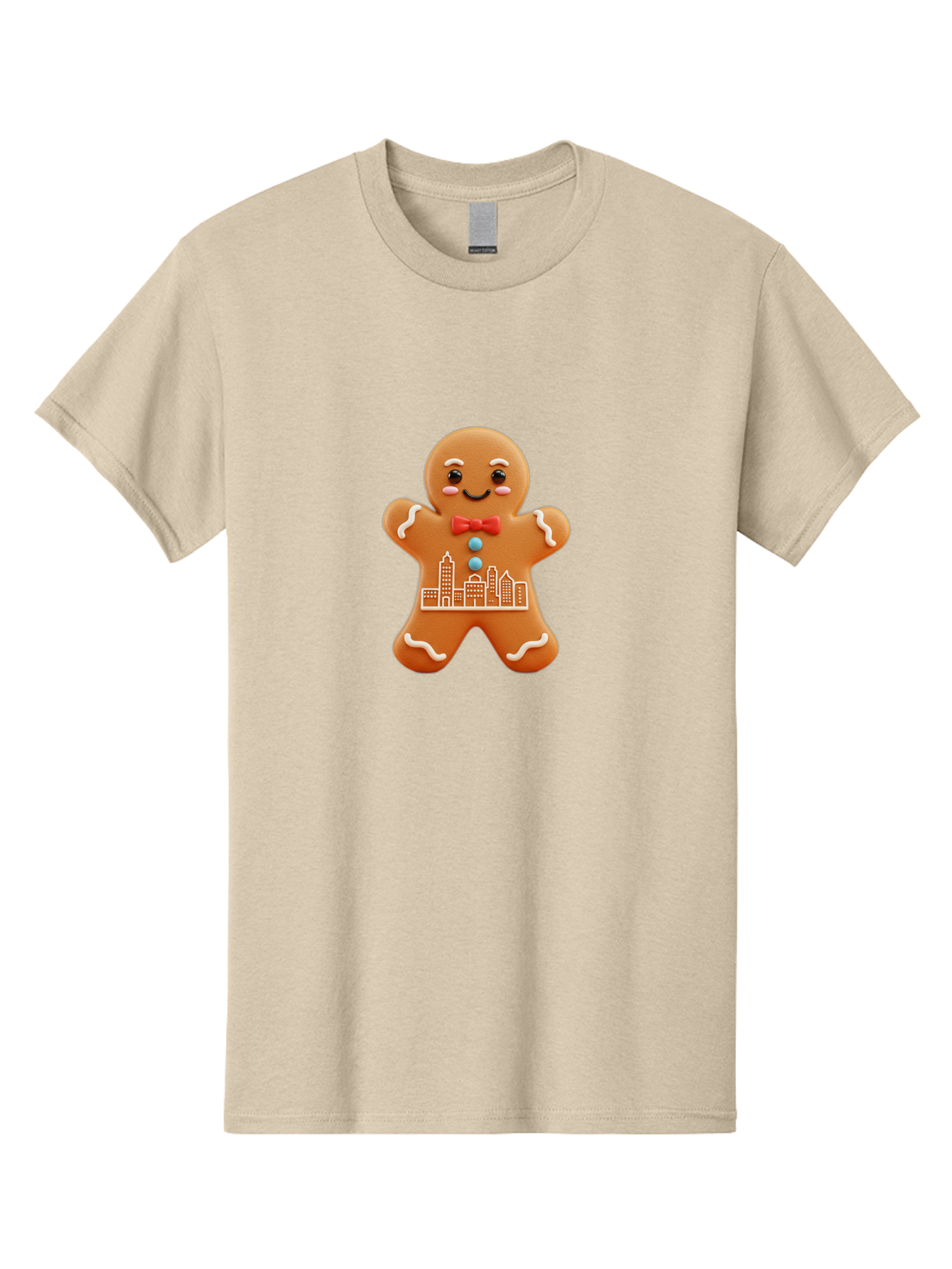 Gingerbread-Man-17 Men'S Graphic Tee, 100% Cotton, Comfortable Casual Summer Wear, Machine Washable, Gingerbread Man, City Design, Festive Treat, Holiday Cookie, Red Bow Tie, White Icing Details, Gingerbread Cookie Art, Cityscape Cookie, Bab949