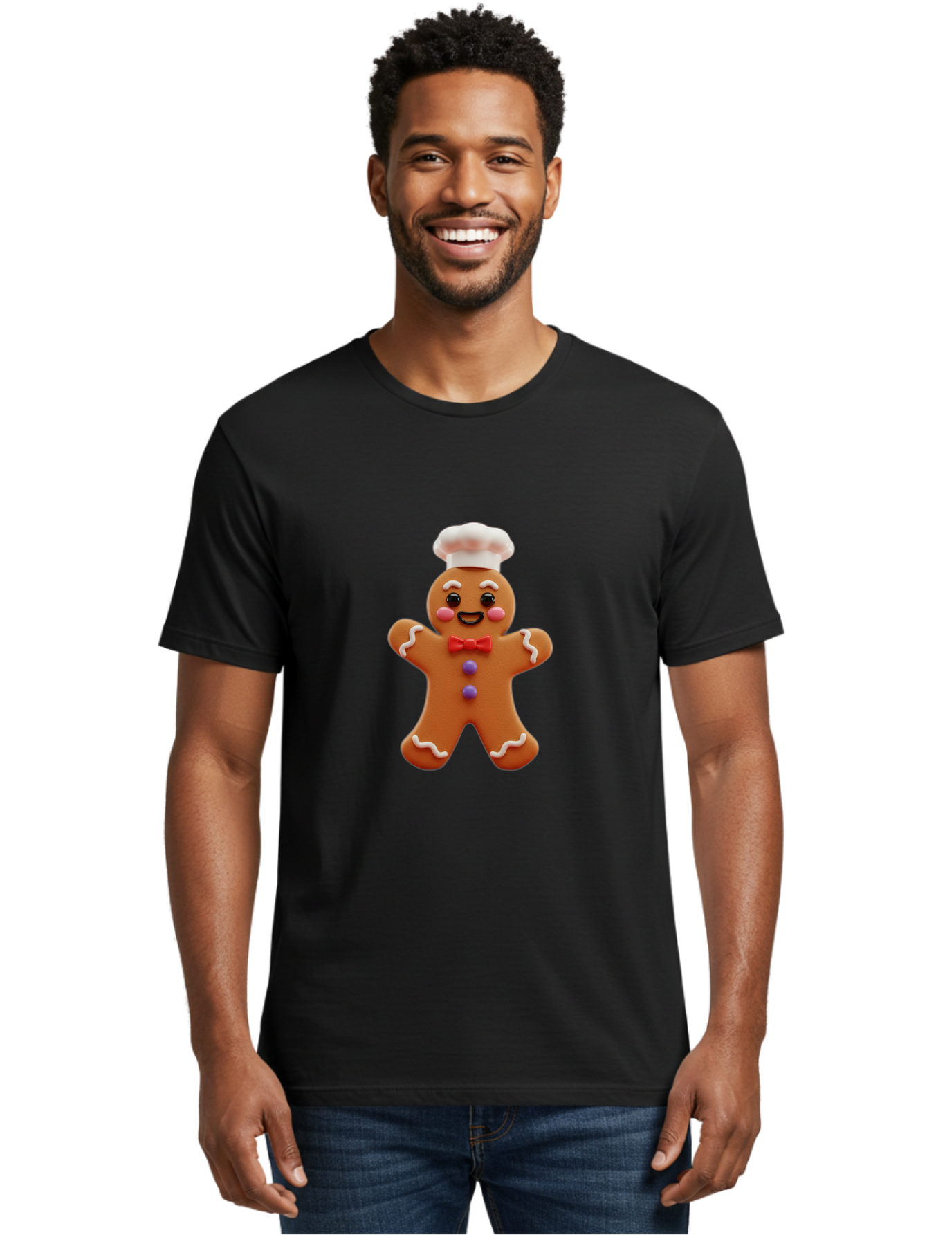 Gingerbread-Man-2 Men'S Graphic Tee, 100% Cotton, Comfortable Casual Summer Wear, Machine Washable, Gingerbread Man, Holiday Treat, Baking Delight, Festive Dessert, Red Bow Tie, Chef'S Hat, Sweet Character, Christmas Cookie Bab950